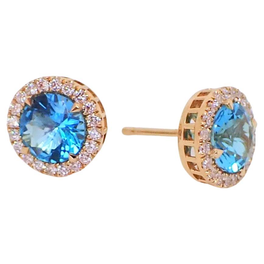 18k Yellow Gold Earrings with Blue Topaz and 0.42 Carats of Diamond For Sale