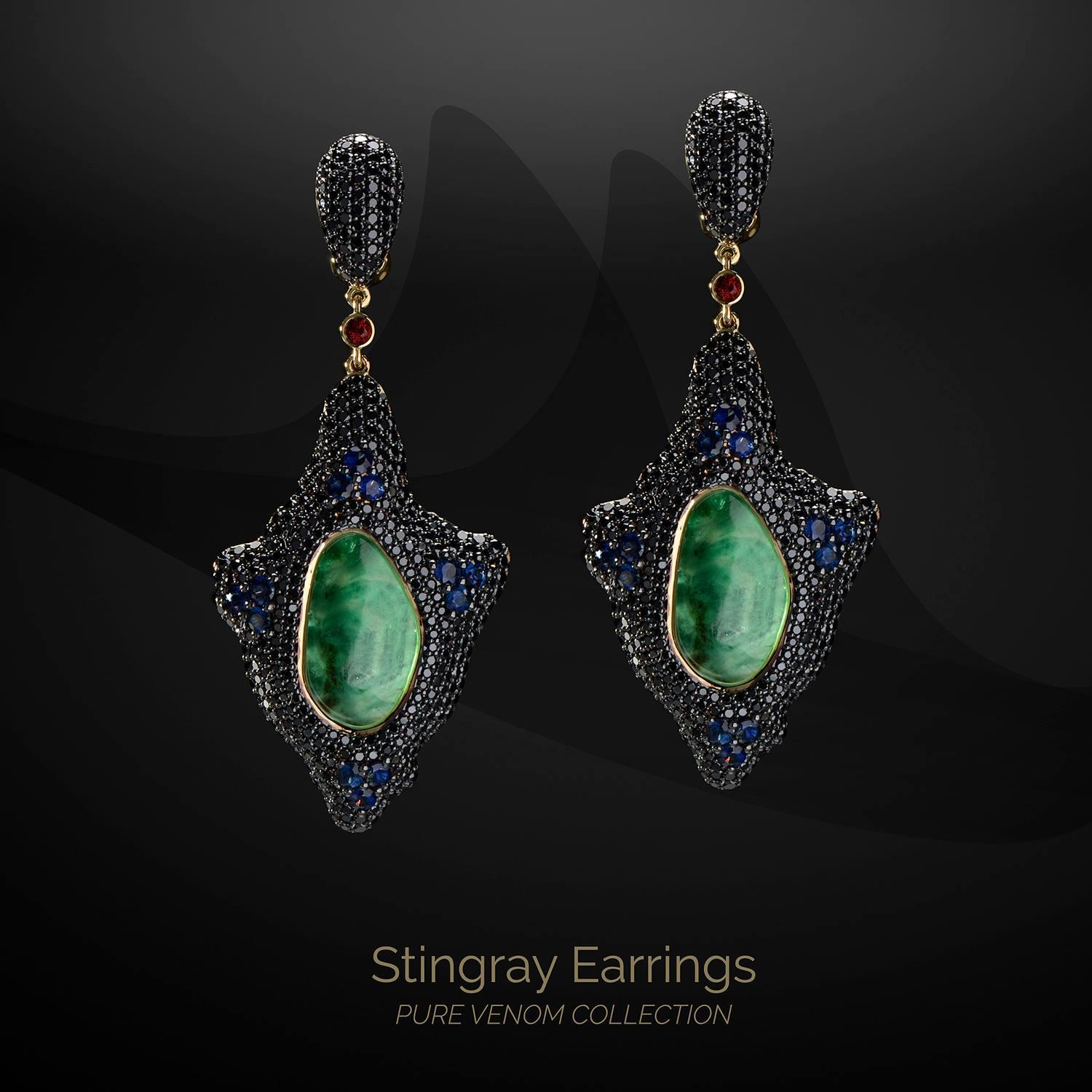 18K Yellow Gold Earrings with Black Diamonds, Blue and Red Sapphires, Emeralds In New Condition For Sale In ประเวศ, TH