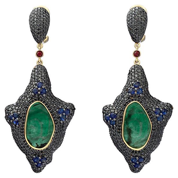 18K Yellow Gold Earrings with Black Diamonds, Blue and Red Sapphires, Emeralds For Sale