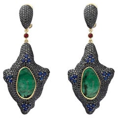 18K Yellow Gold Earrings with Black Diamonds, Blue and Red Sapphires, Emeralds