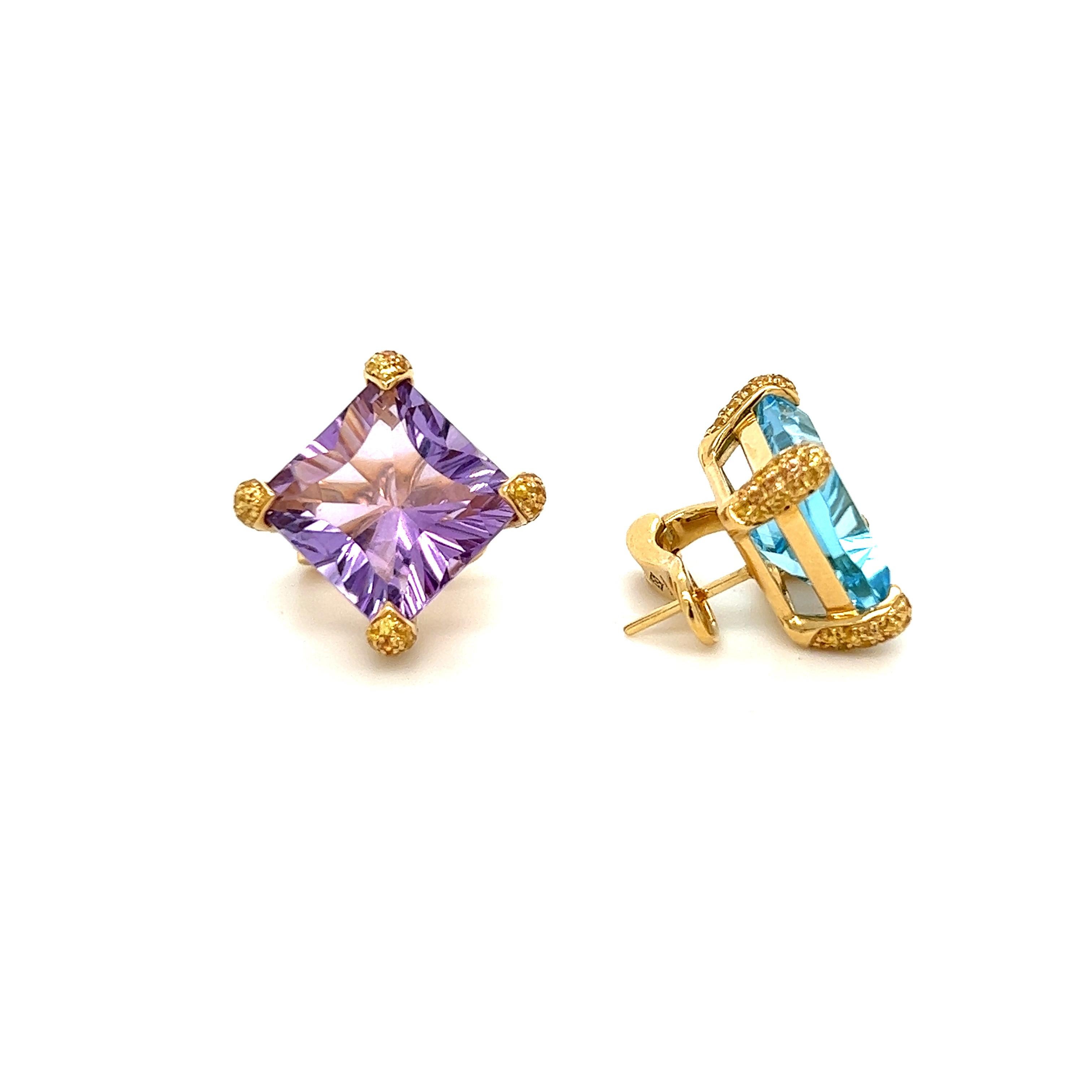 Taille carrée Boucles d'oreilles en or jaune 18 carats avec topaze brésilienne et améthyste en vente