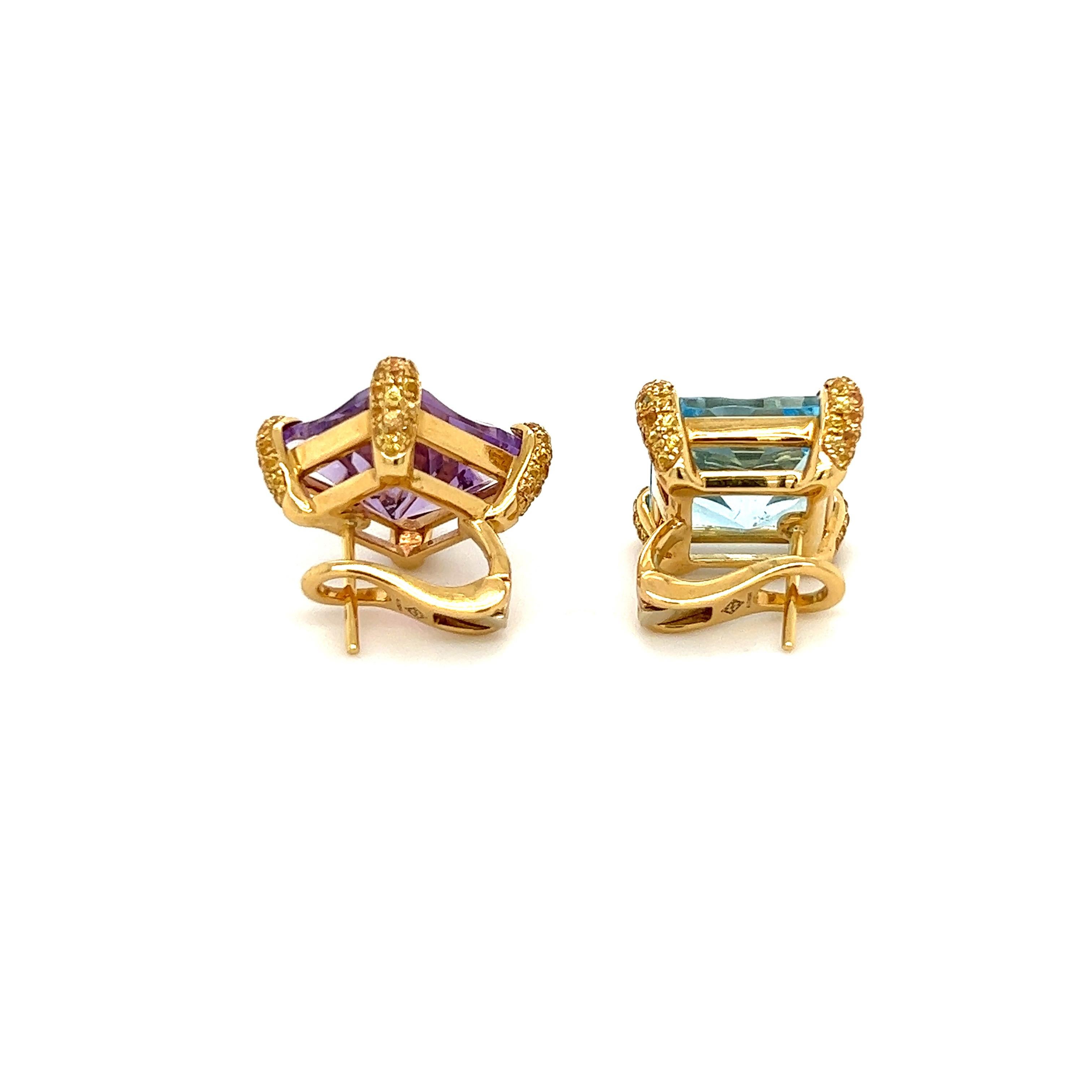 Square Cut 18K Yellow Gold Earrings with Brazilian Topaz and Amethyst For Sale