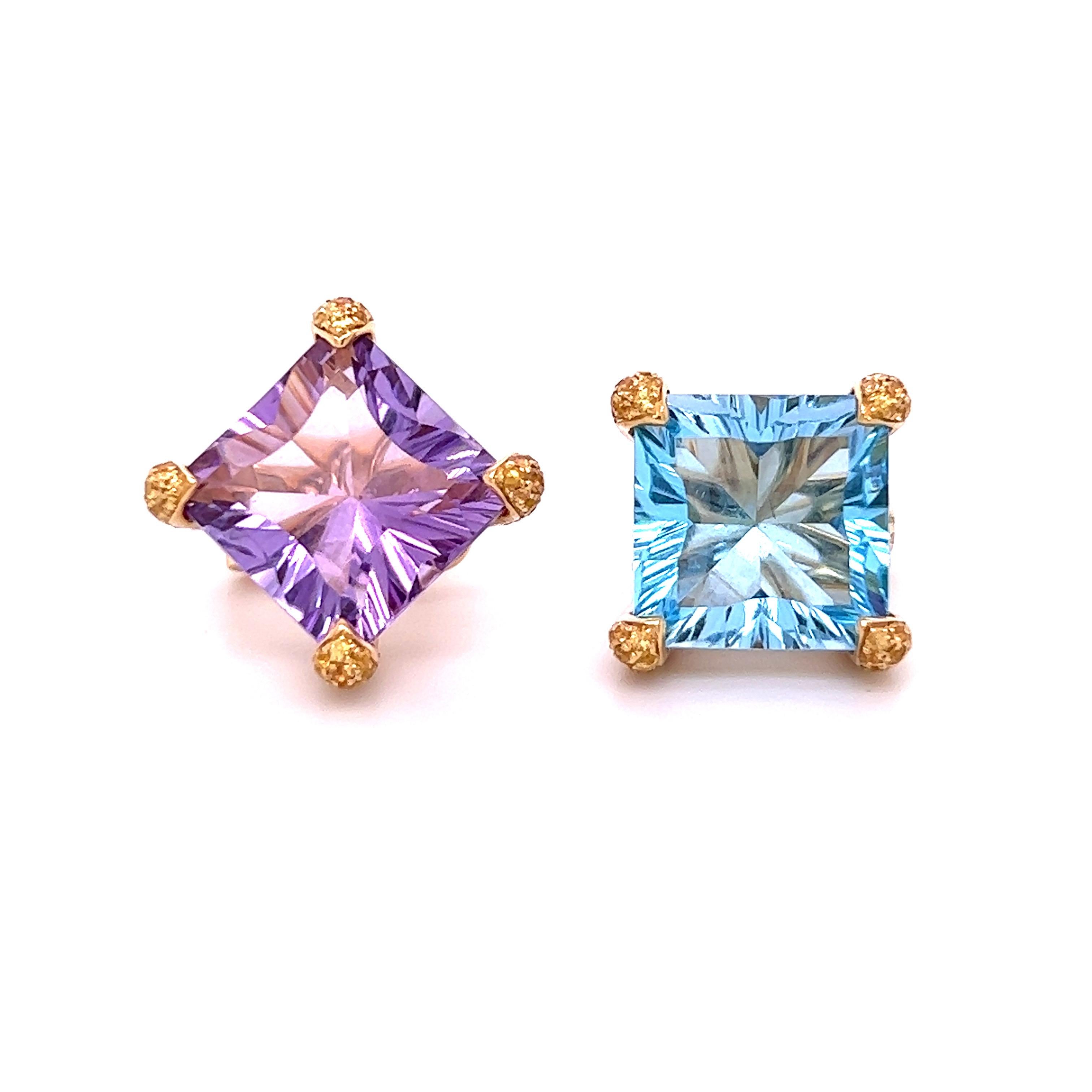 Women's or Men's 18K Yellow Gold Earrings with Brazilian Topaz and Amethyst For Sale