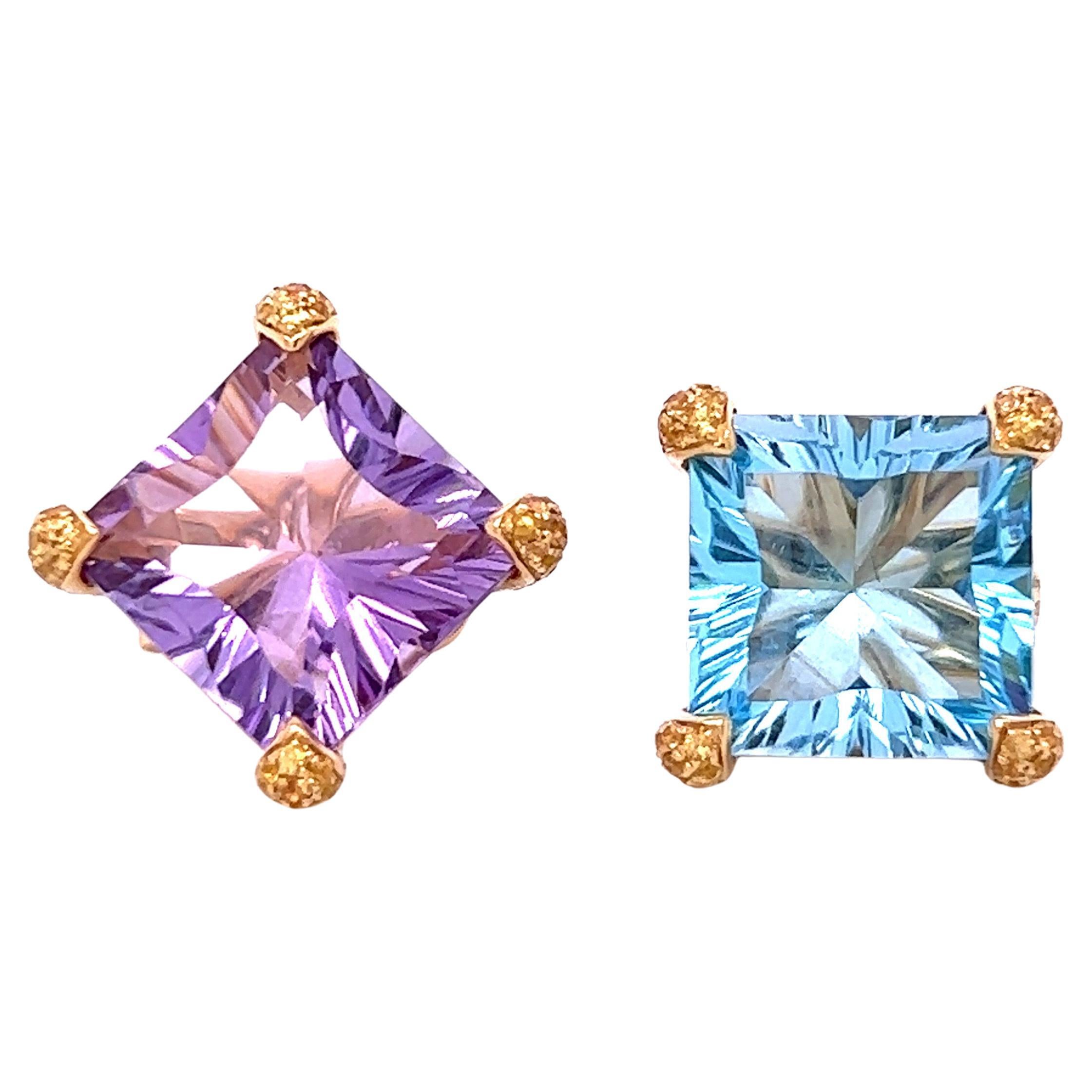 18K Yellow Gold Earrings with Brazilian Topaz and Amethyst For Sale