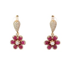18K Yellow Gold Earrings with Cabochon Drops Cut Rubies and White Diamonds