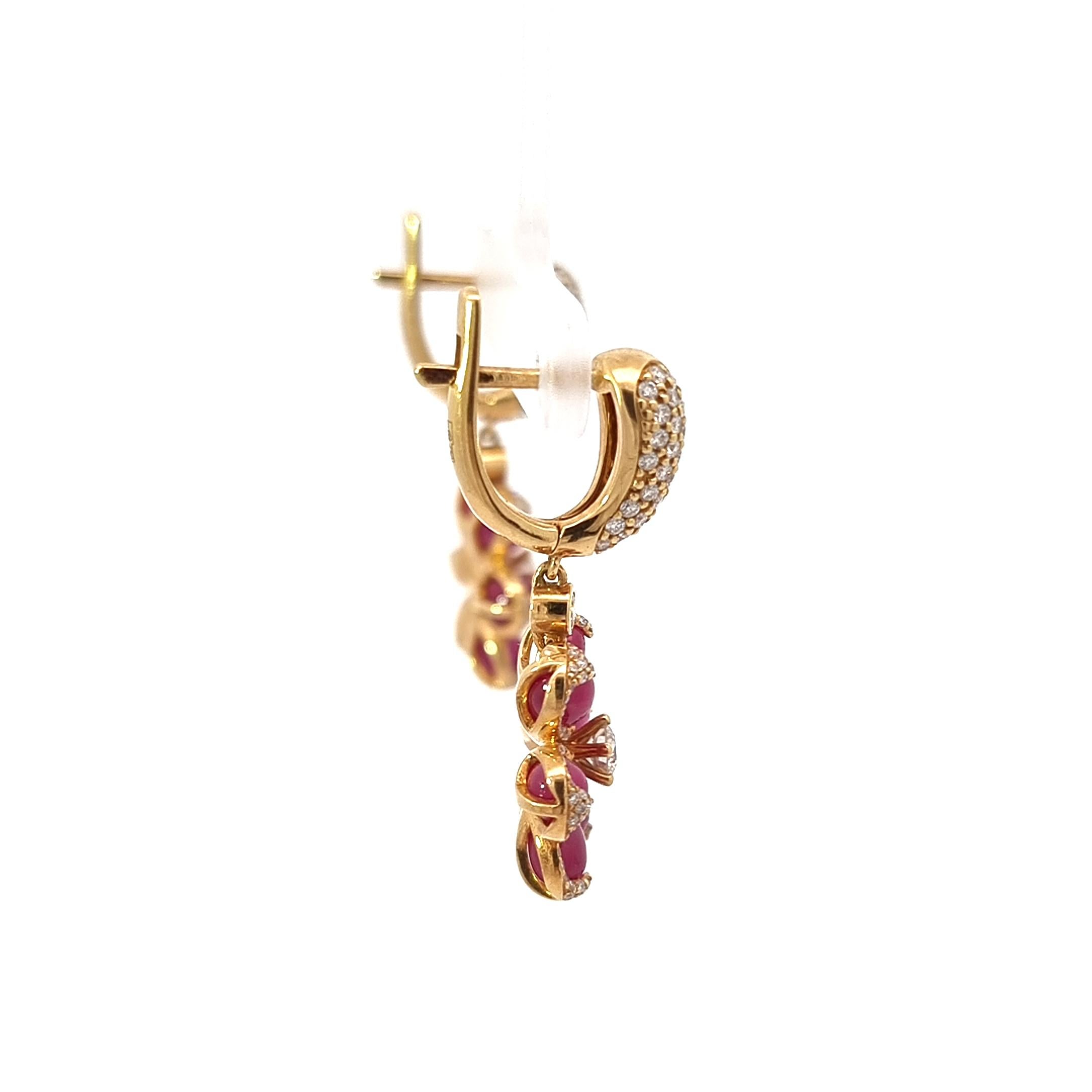 Women's 18K Yellow Gold Earrings with Cabochon Drops Cut Rubies and White Diamonds For Sale