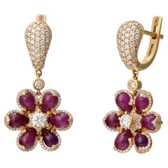 18K Yellow Gold Earrings with Cabochon Drops Cut Rubies and White Diamonds
