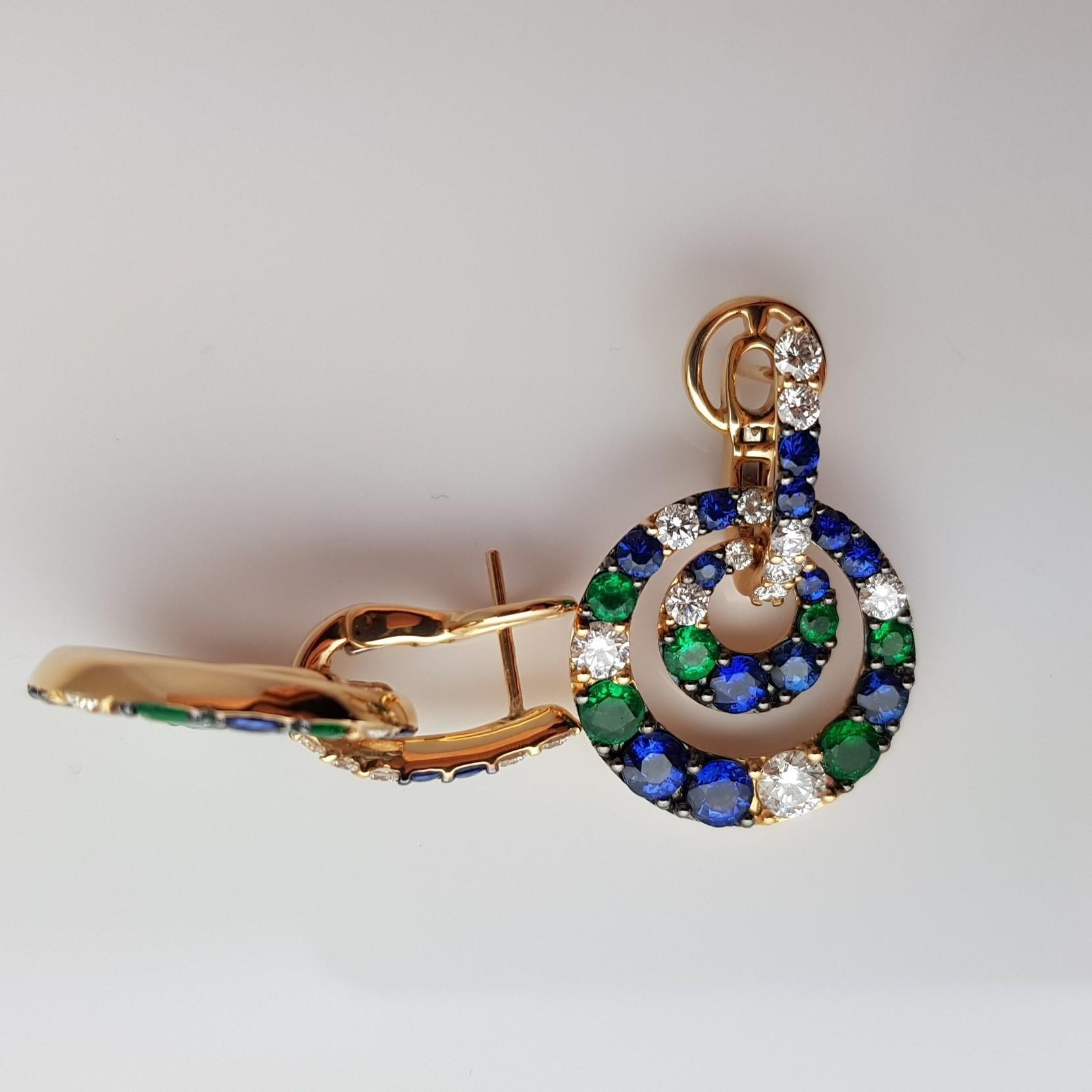 Contemporary 18 Karat Yellow Gold Earrings with Diamonds, Blue Sapphires and Emeralds