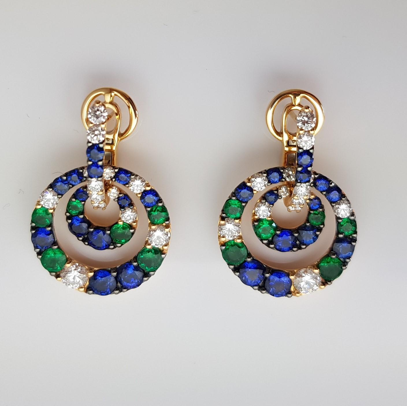 Round Cut 18 Karat Yellow Gold Earrings with Diamonds, Blue Sapphires and Emeralds