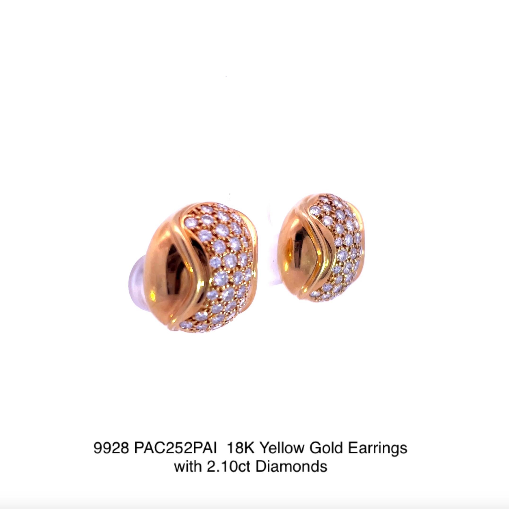 Item #9928

AGA (American Gemological Appraisal) Certified
18K Yellow Gold Earrings with 2.10 carat Diamonds

18K Yellow Gold Pave Diamond Stud Clip Earrings
Ladies eighteen karat yellow gold pave stud diamond clip earrings with a bright polish