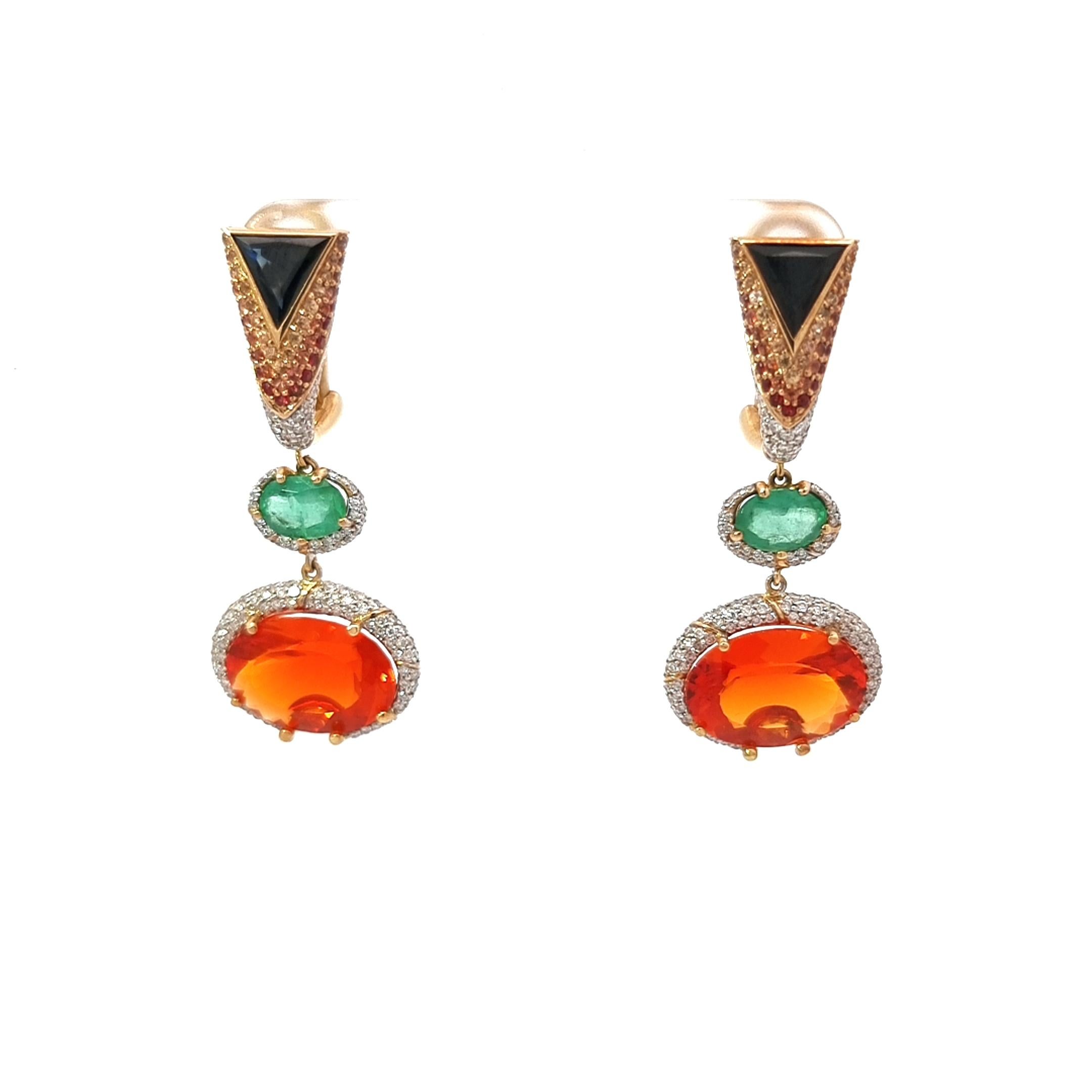 Oval Cut 18K Yellow Gold Earrings with Diamonds, Sapphires, Emeralds, and Fire Opals  For Sale