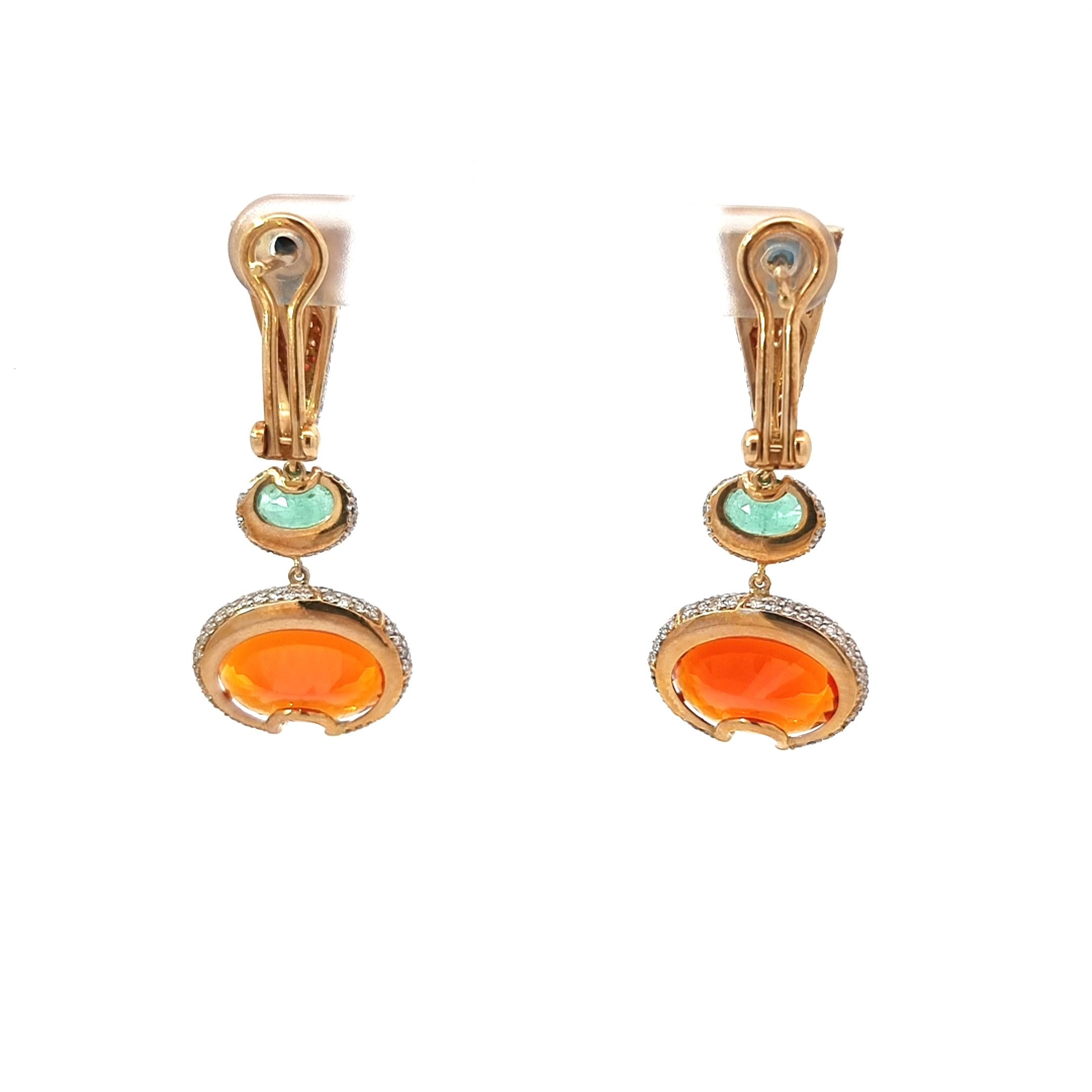 Women's or Men's 18K Yellow Gold Earrings with Diamonds, Sapphires, Emeralds, and Fire Opals  For Sale