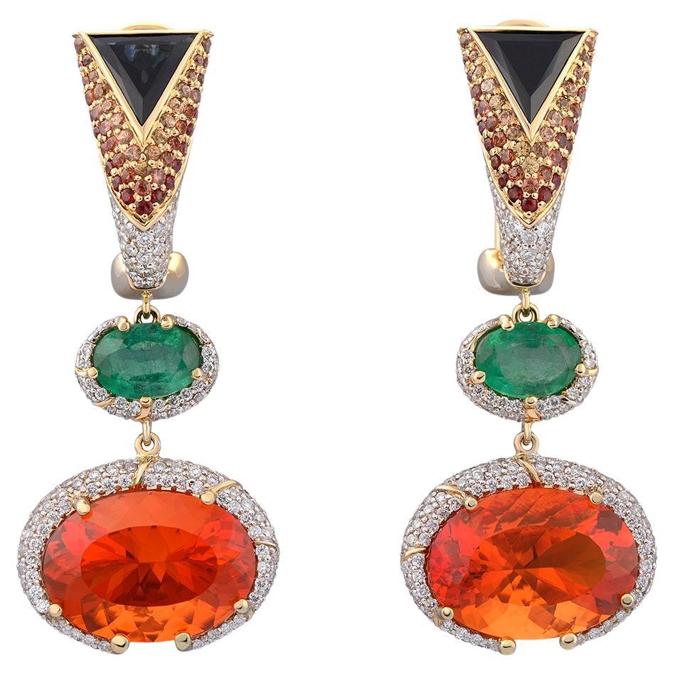 18K Yellow Gold Earrings with Diamonds, Sapphires, Emeralds, and Fire Opals  For Sale