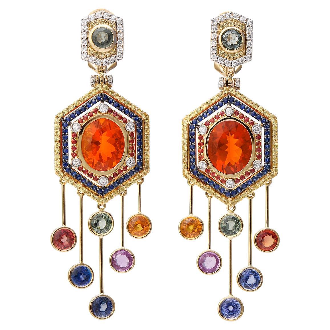 18K Yellow Gold Earrings with Diamonds, Sapphires, Fire Opals 