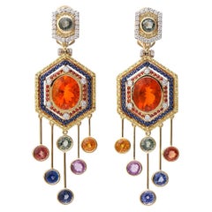Pendientes de Oro Amarillo de 18 K con Diamantes, Zafiros y Ópalos de Fuego