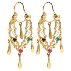 18K Yellow Gold Earrings with Emeralds, Sapphires, and Rubies