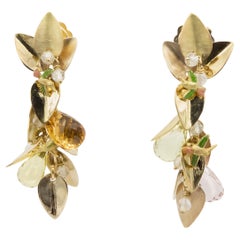 18k Yellow Gold Earrings with Fire Enamel Beryls Rock Crystal Hummingbird Motif