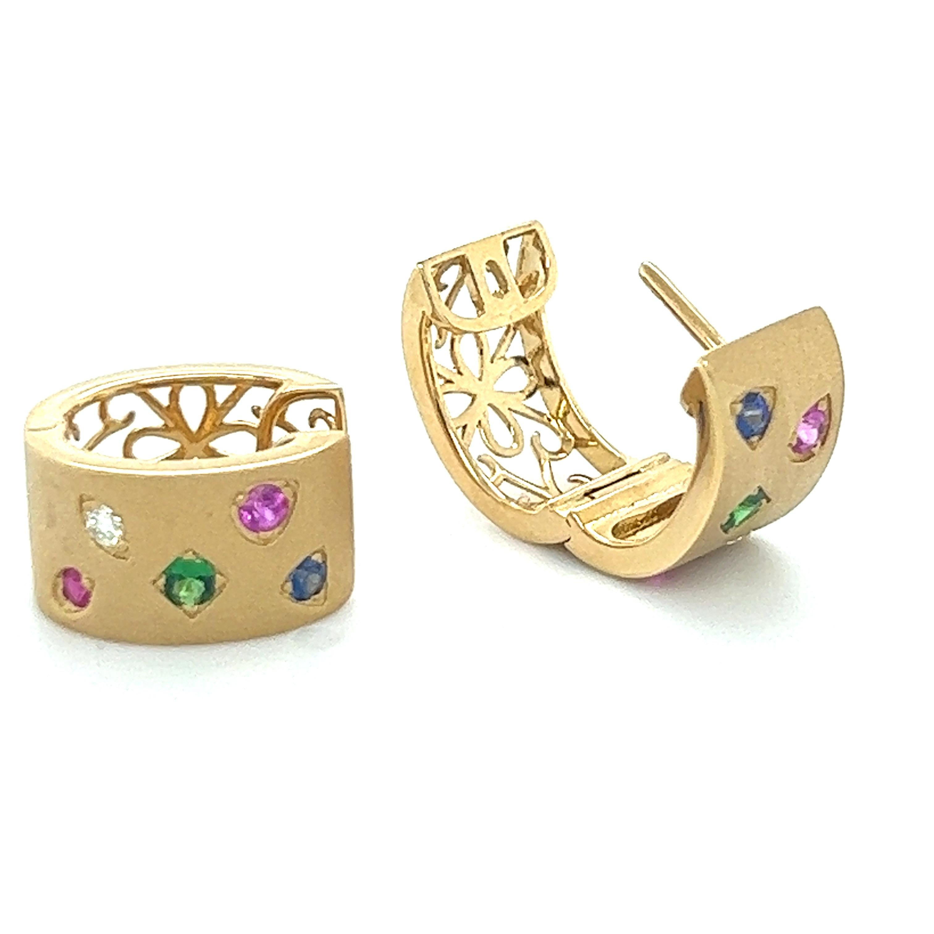 Modern 18K Yellow Gold Earrings with Multi-Color Gemstones and Diamonds For Sale