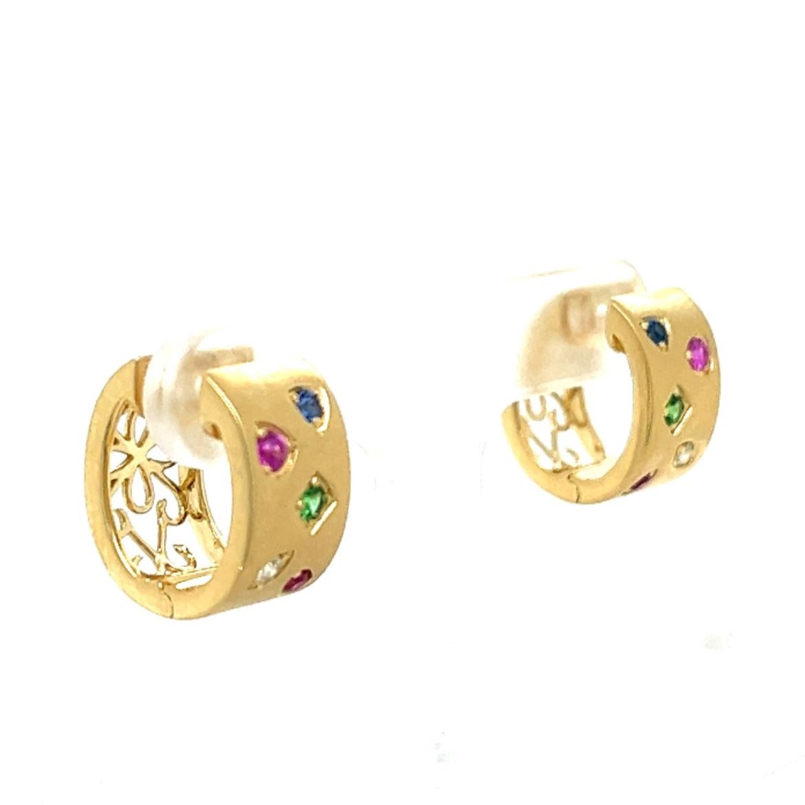 Modern 18K Yellow Gold Earrings with Multi-Color Gemstones and Diamonds For Sale