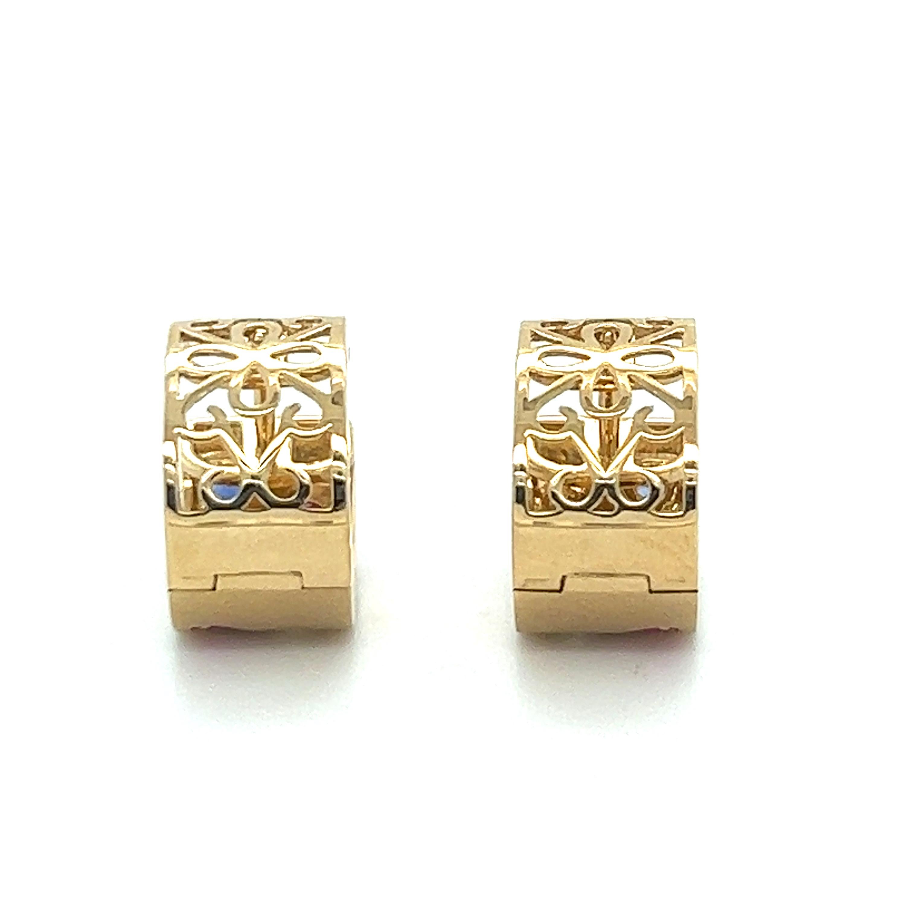 Women's or Men's 18K Yellow Gold Earrings with Multi-Color Gemstones and Diamonds For Sale