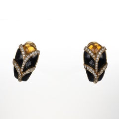 18K Yellow Gold Earrings with Onyx, Topaz, and Diamond Pavé