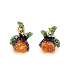 18K Yellow Gold Earrings with Uncut Orange Garnet, Blue Sapphires and Tsavorites