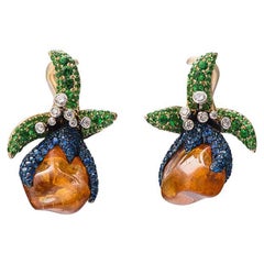 18K Yellow Gold Earrings with Uncut Orange Garnet, Blue Sapphires and Tsavorites