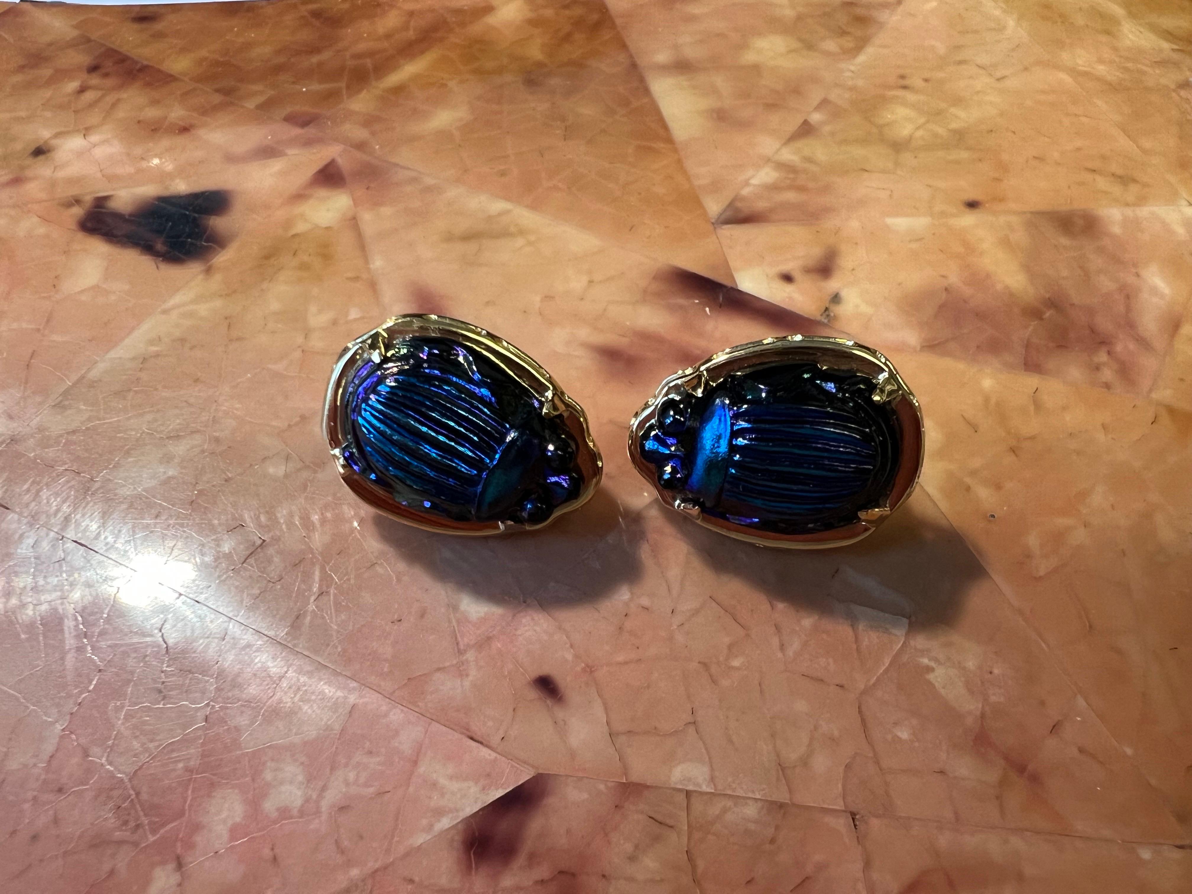 18k Yellow Gold Earrings with Vintage Tiffany Favrile Cobalt Blue Glass Scarabs For Sale 3