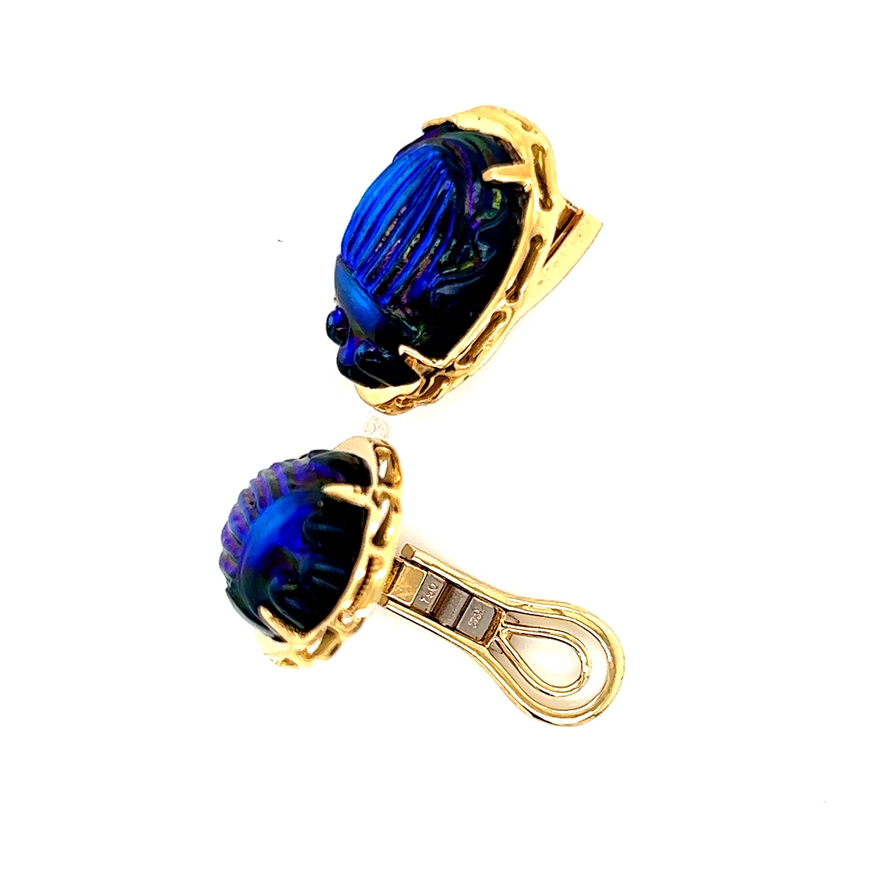 Women's 18k Yellow Gold Earrings with Vintage Tiffany Favrile Cobalt Blue Glass Scarabs For Sale