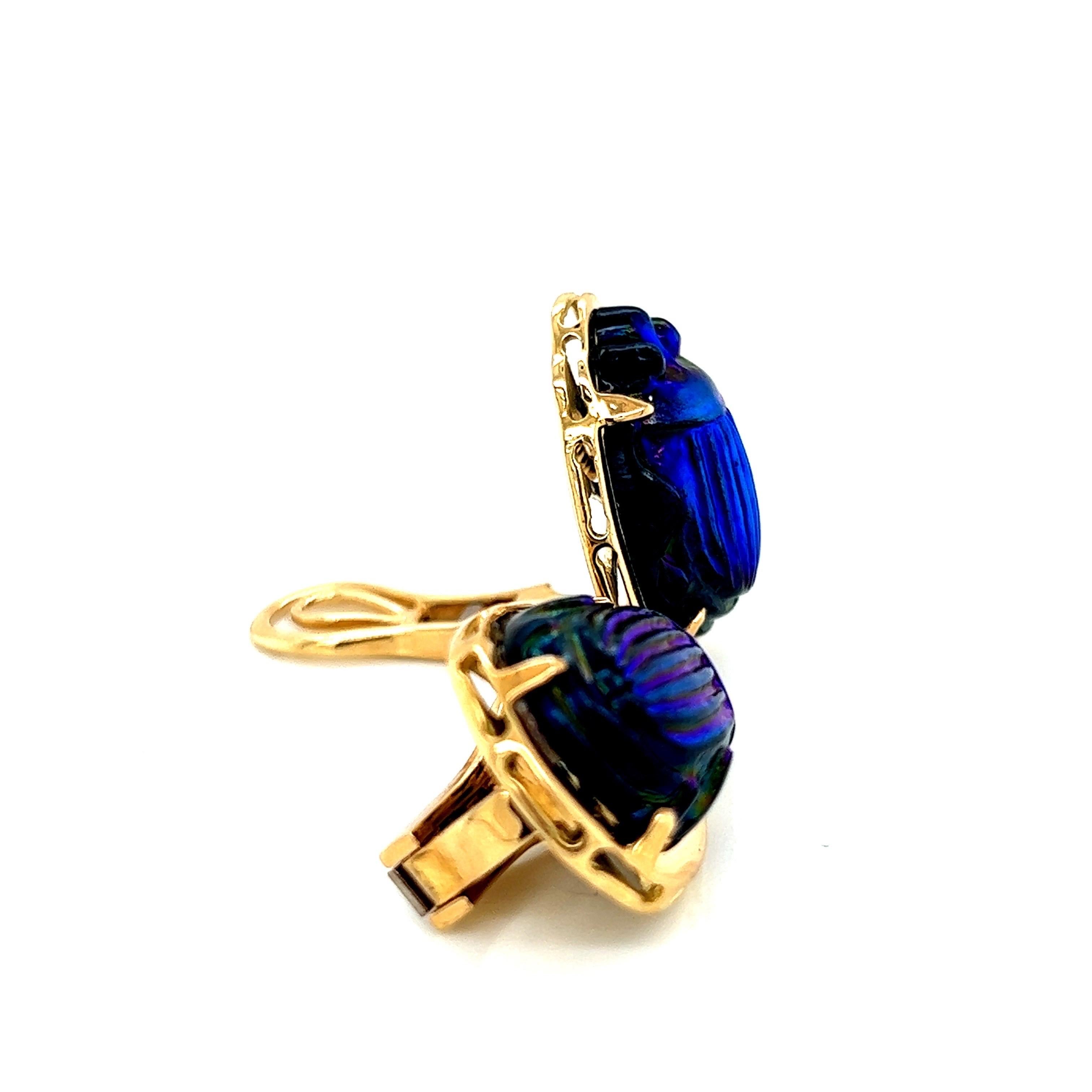 18k Yellow Gold Earrings with Vintage Tiffany Favrile Cobalt Blue Glass Scarabs For Sale 1