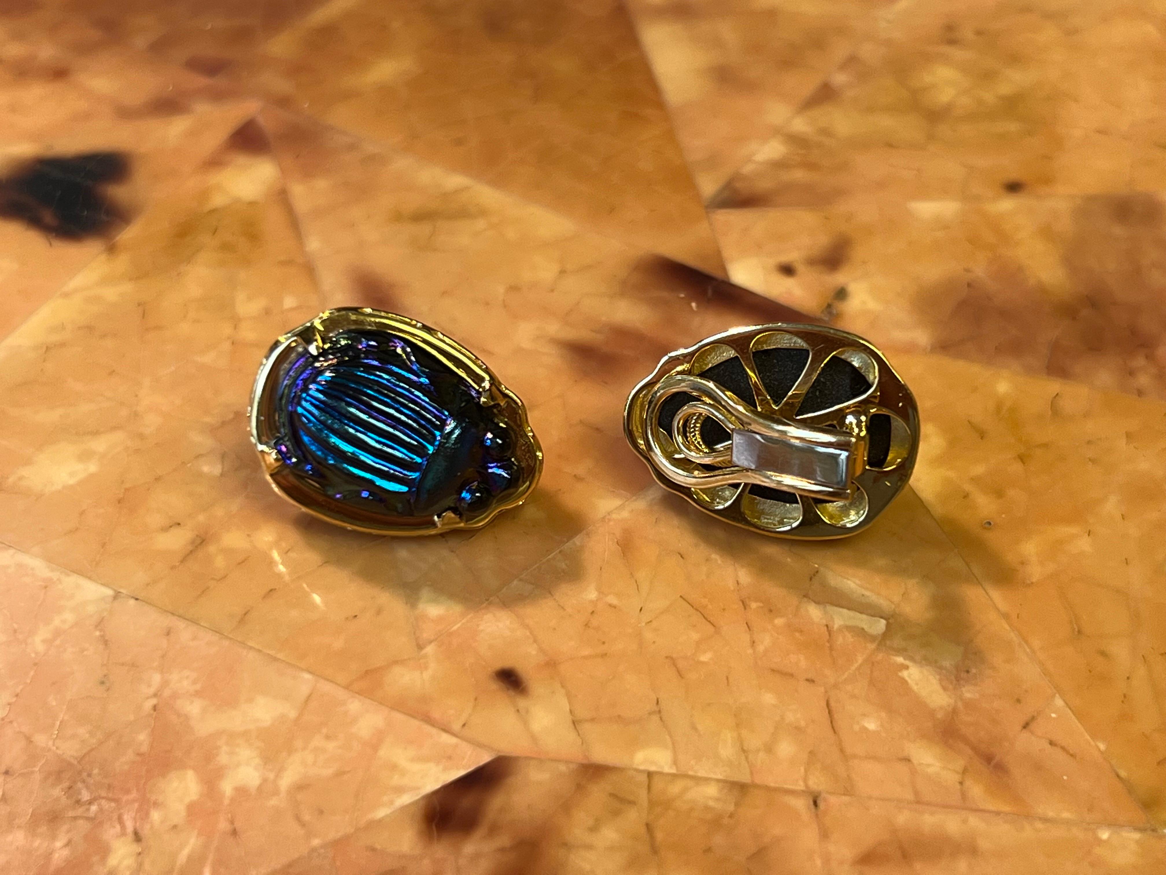 18k Yellow Gold Earrings with Vintage Tiffany Favrile Cobalt Blue Glass Scarabs For Sale 2