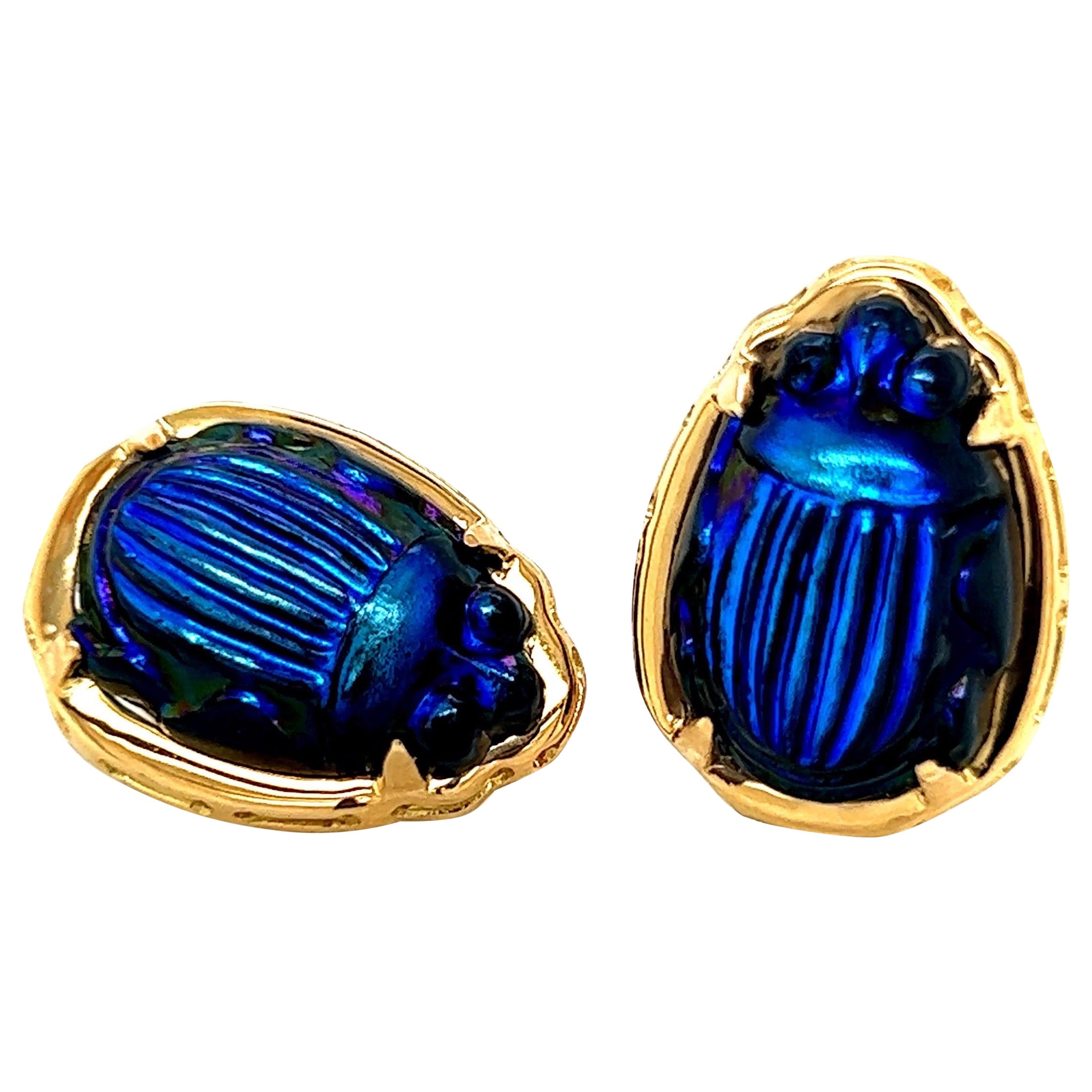 18k Yellow Gold Earrings with Vintage Tiffany Favrile Cobalt Blue Glass Scarabs For Sale