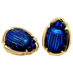 18k Yellow Gold Earrings with Vintage Tiffany Favrile Cobalt Blue Glass Scarabs