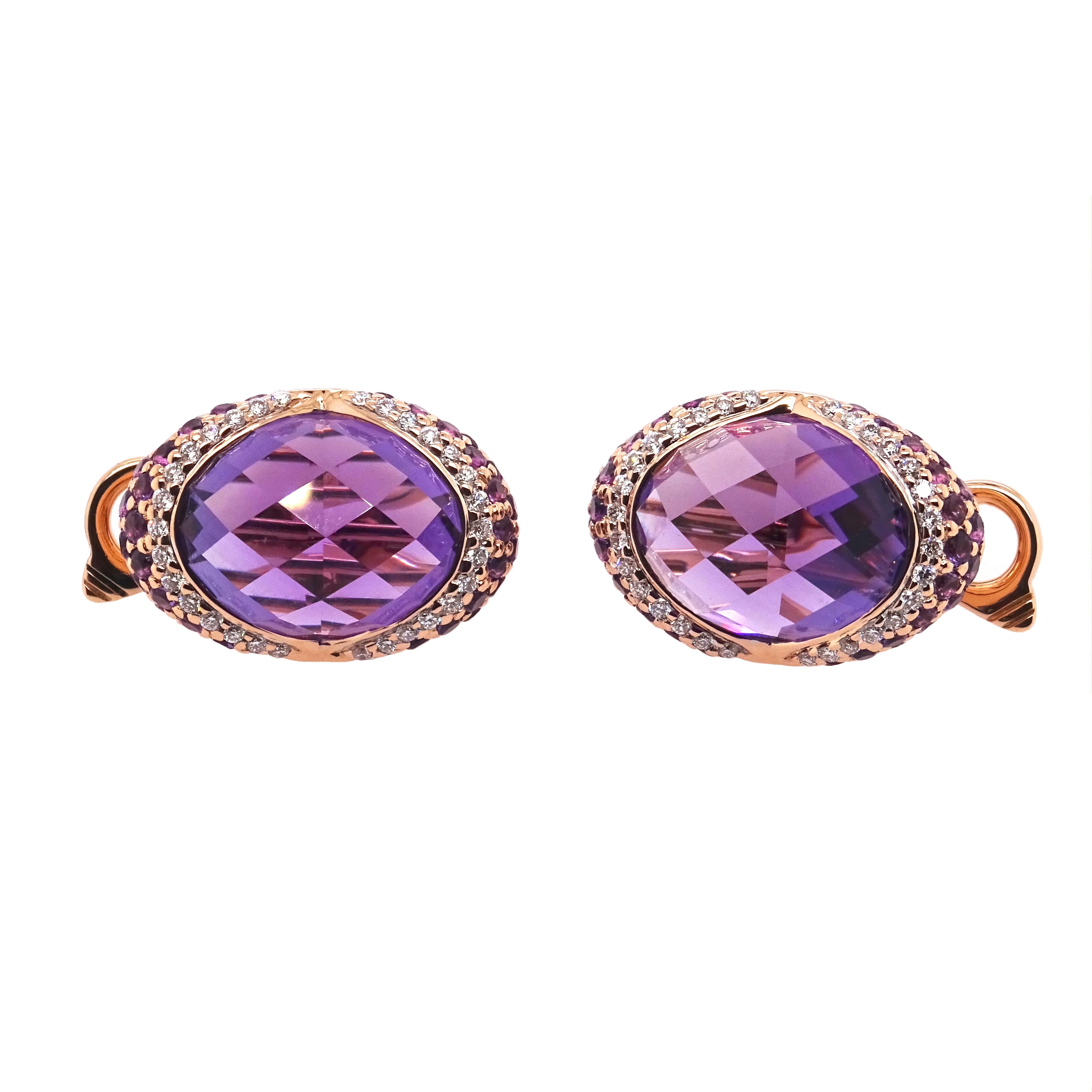 Embrace the allure of luxury with these stunning 18K yellow gold earrings, graced by the captivating beauty of a fancy-cut center amethyst. Enveloped by a mesmerizing halo of round white diamonds and further adorned with delicate amethysts on the