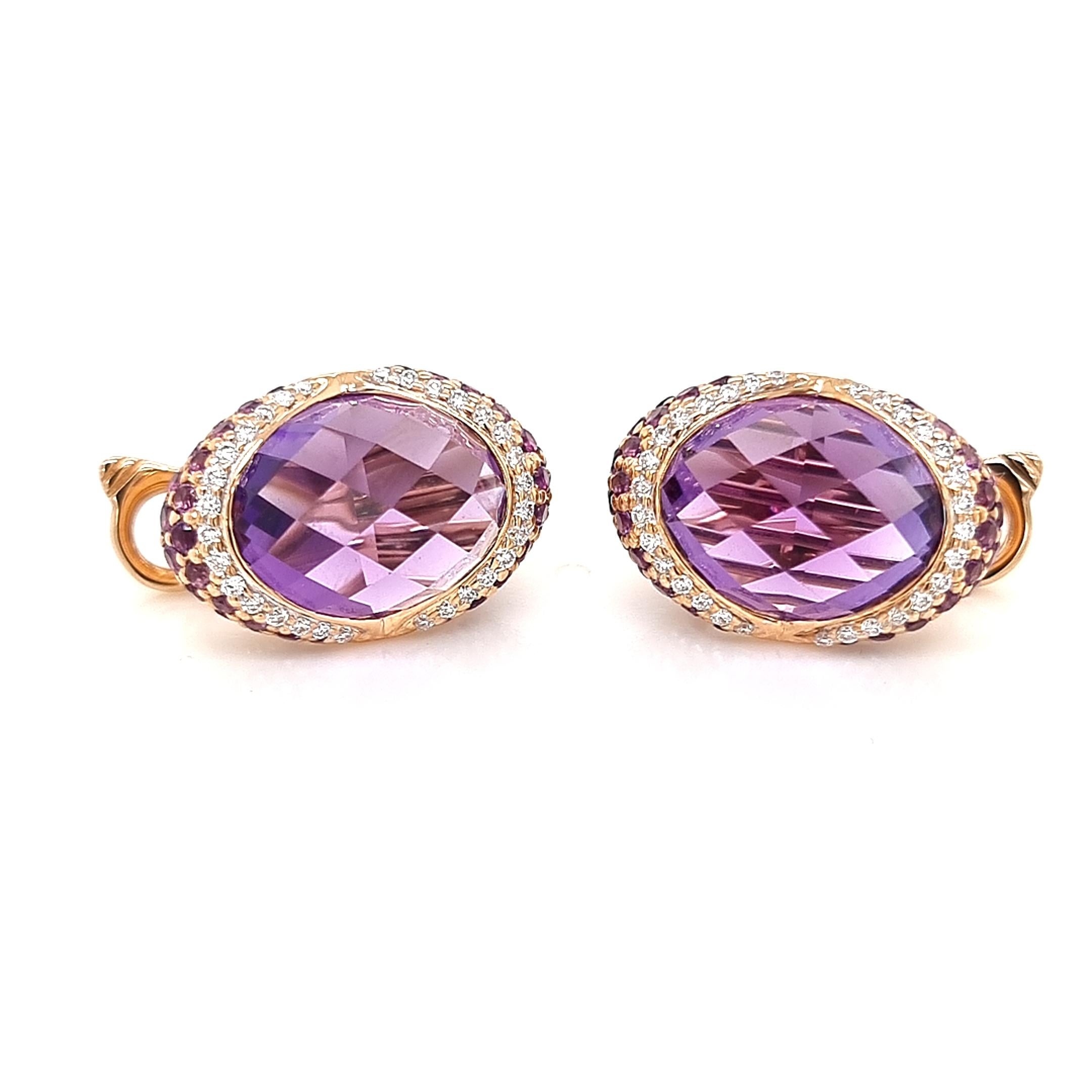 Round Cut 18K Yellow Gold Earrings with White Diamonds and Amethysts