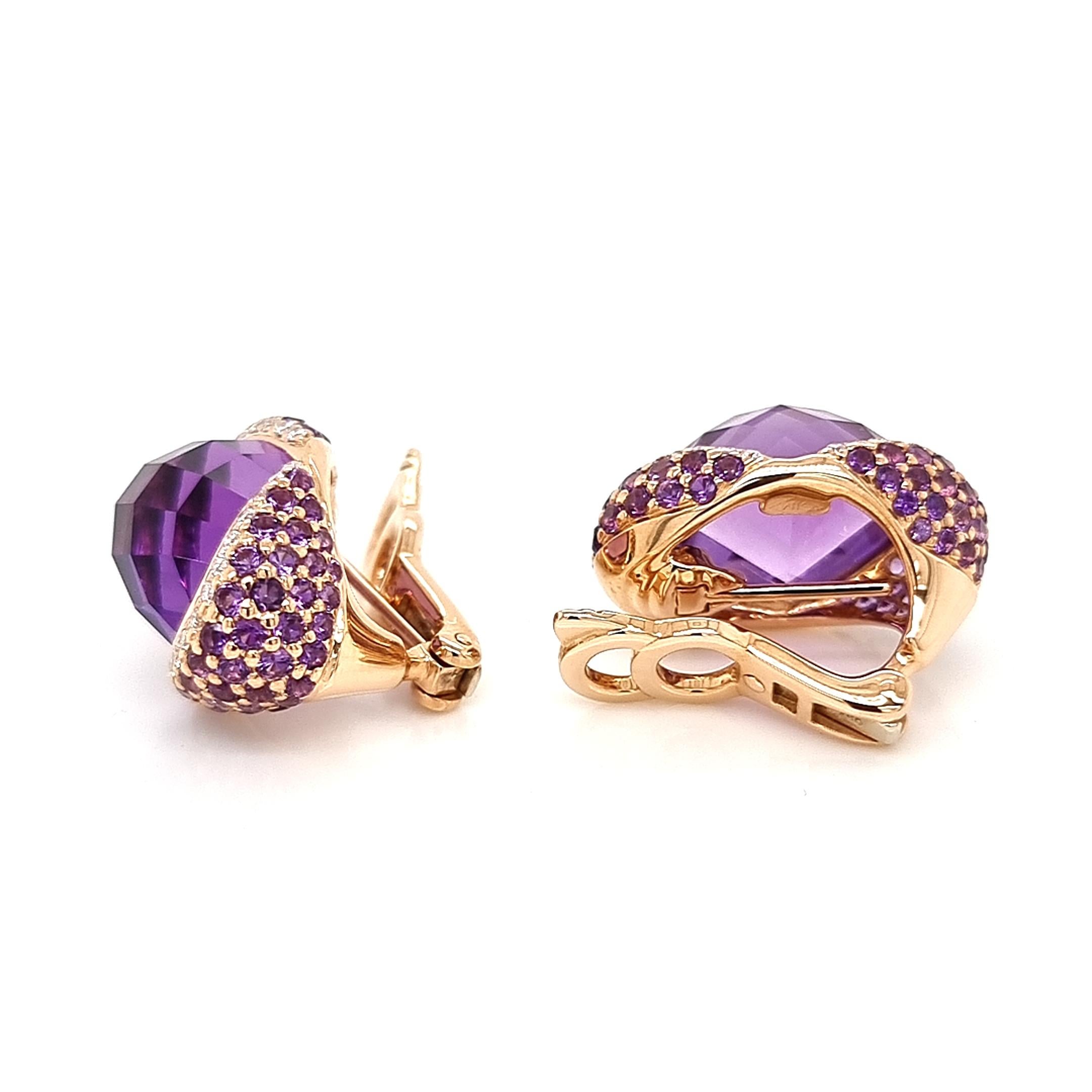18K Yellow Gold Earrings with White Diamonds and Amethysts In New Condition In ประเวศ, TH