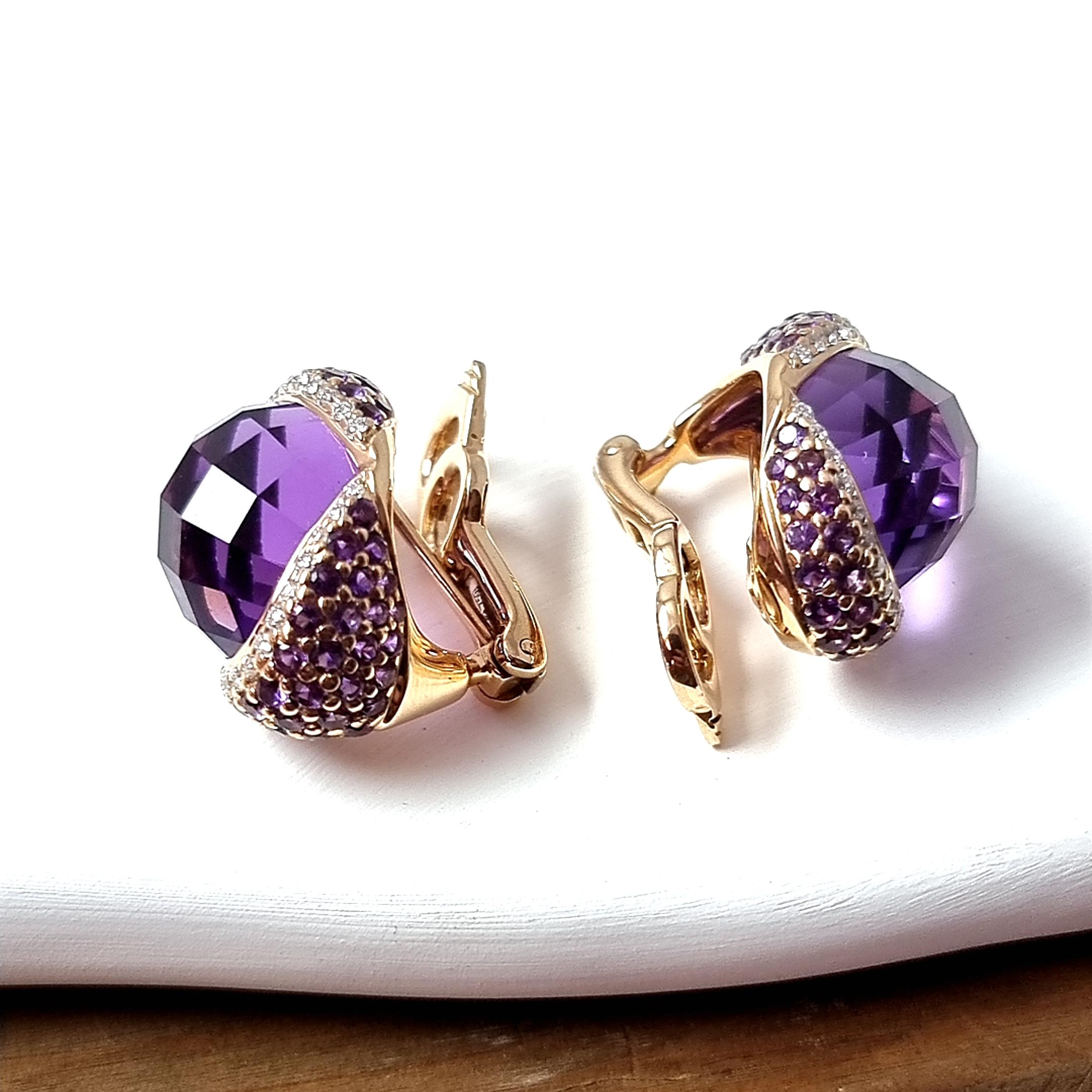 Women's 18K Yellow Gold Earrings with White Diamonds and Amethysts