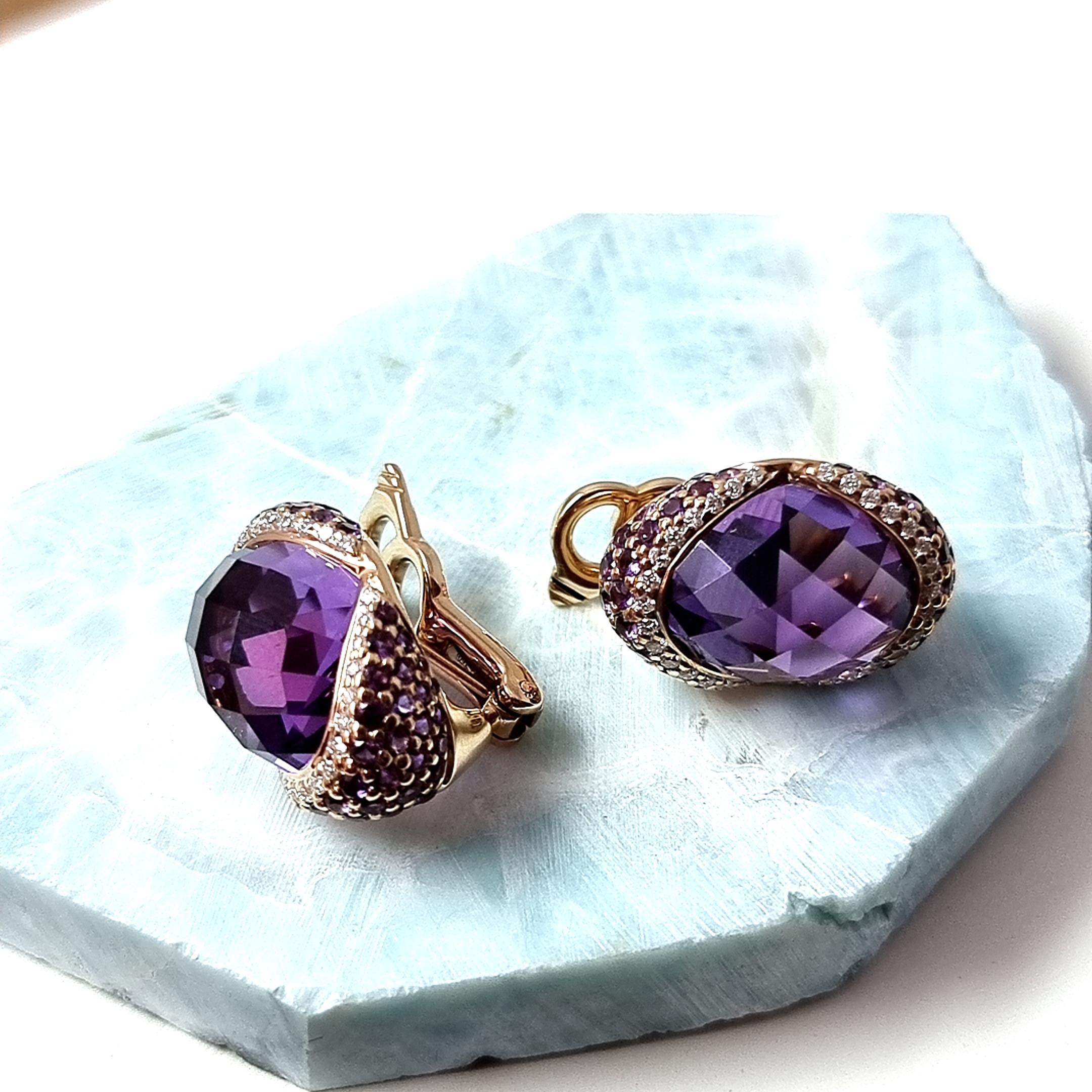 18K Yellow Gold Earrings with White Diamonds and Amethysts 1