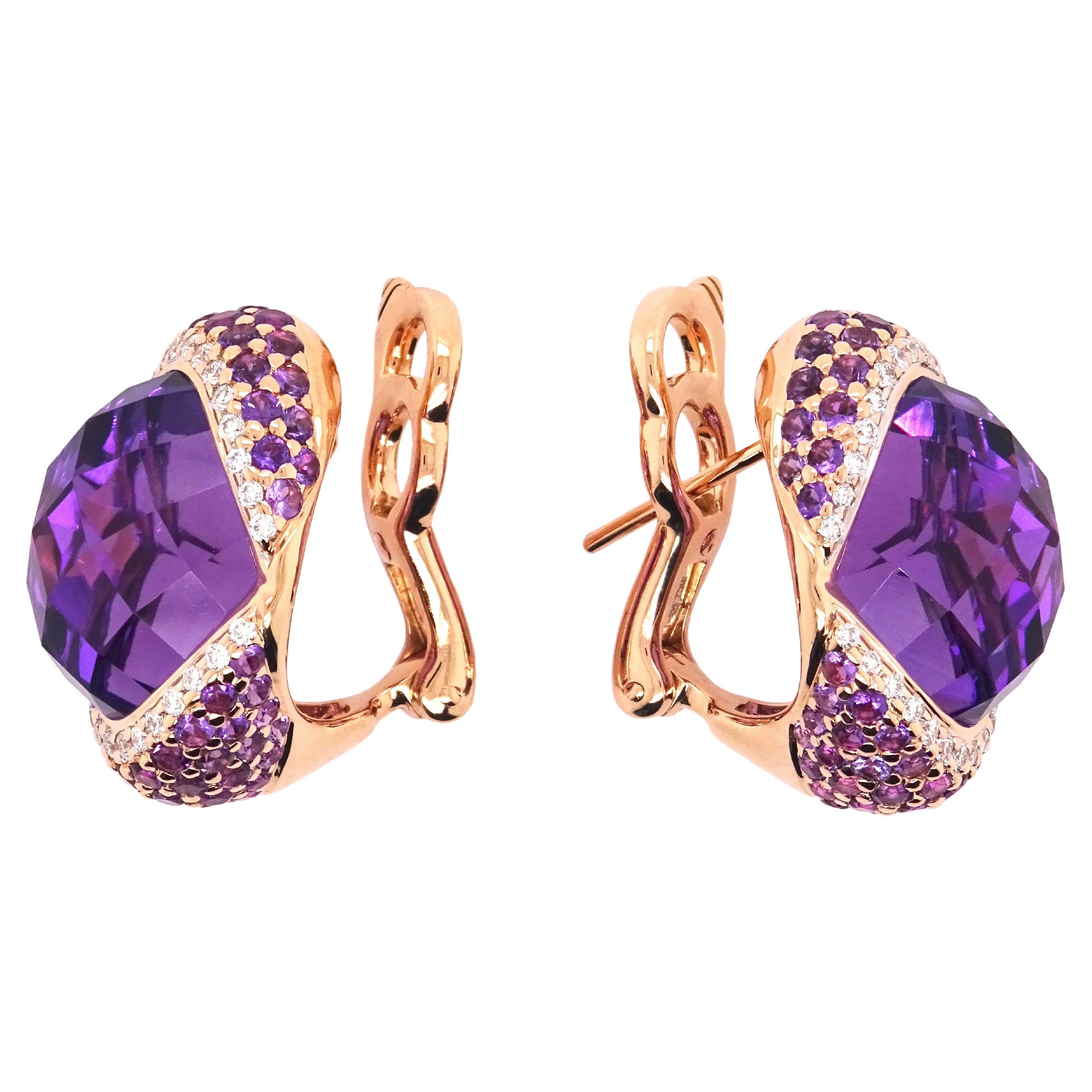 18K Yellow Gold Earrings with White Diamonds and Amethysts