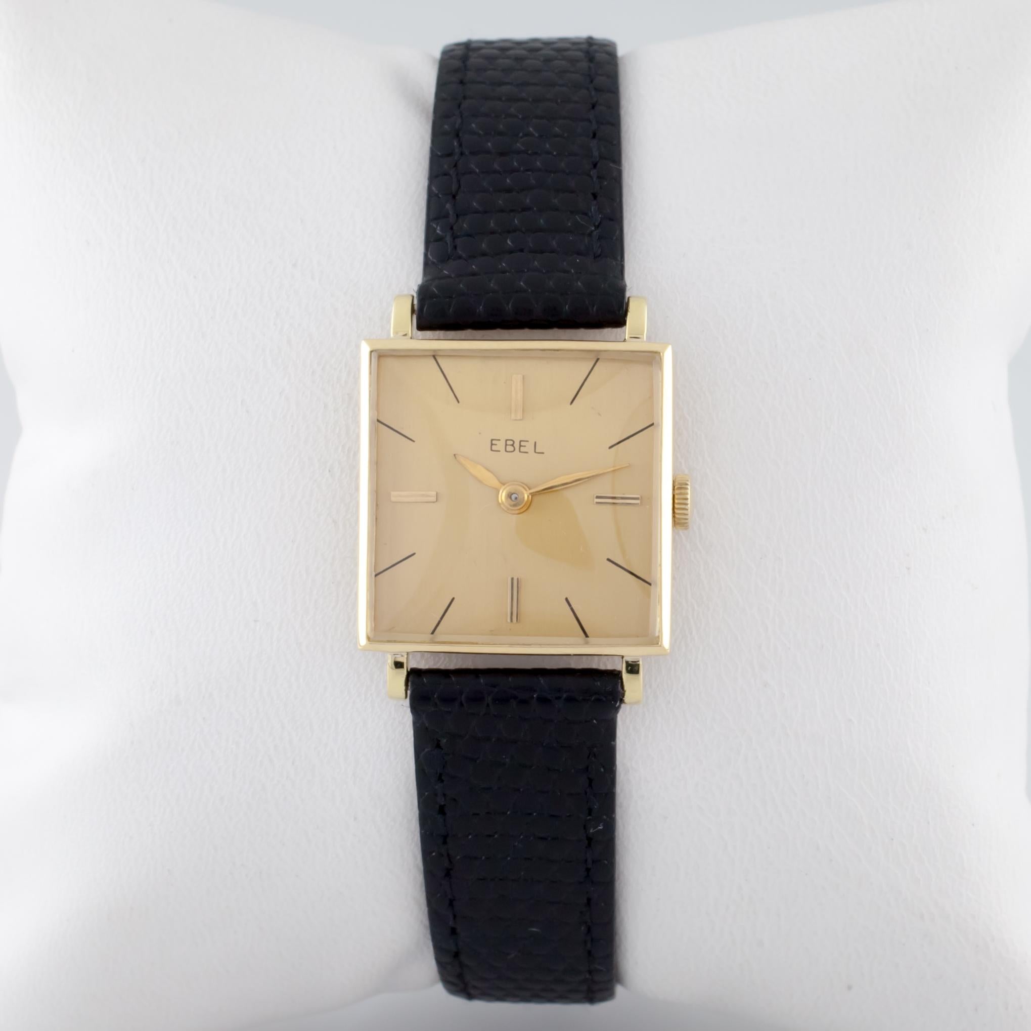 Movement #78 ETA 2512
Case #878-41
18k Yellow Gold Square Case
21 mm Wide (22 mm w/ Crown)
21 mm Long
Lug-to-Lug Width = 15 mm
Lug-to-Lug Distance = 28 mm
Thickness = 6 mm
Gold Dial w/ Gold Tic Marks and Hands (M + H)
19 mm Wide
19 mm Long
Black