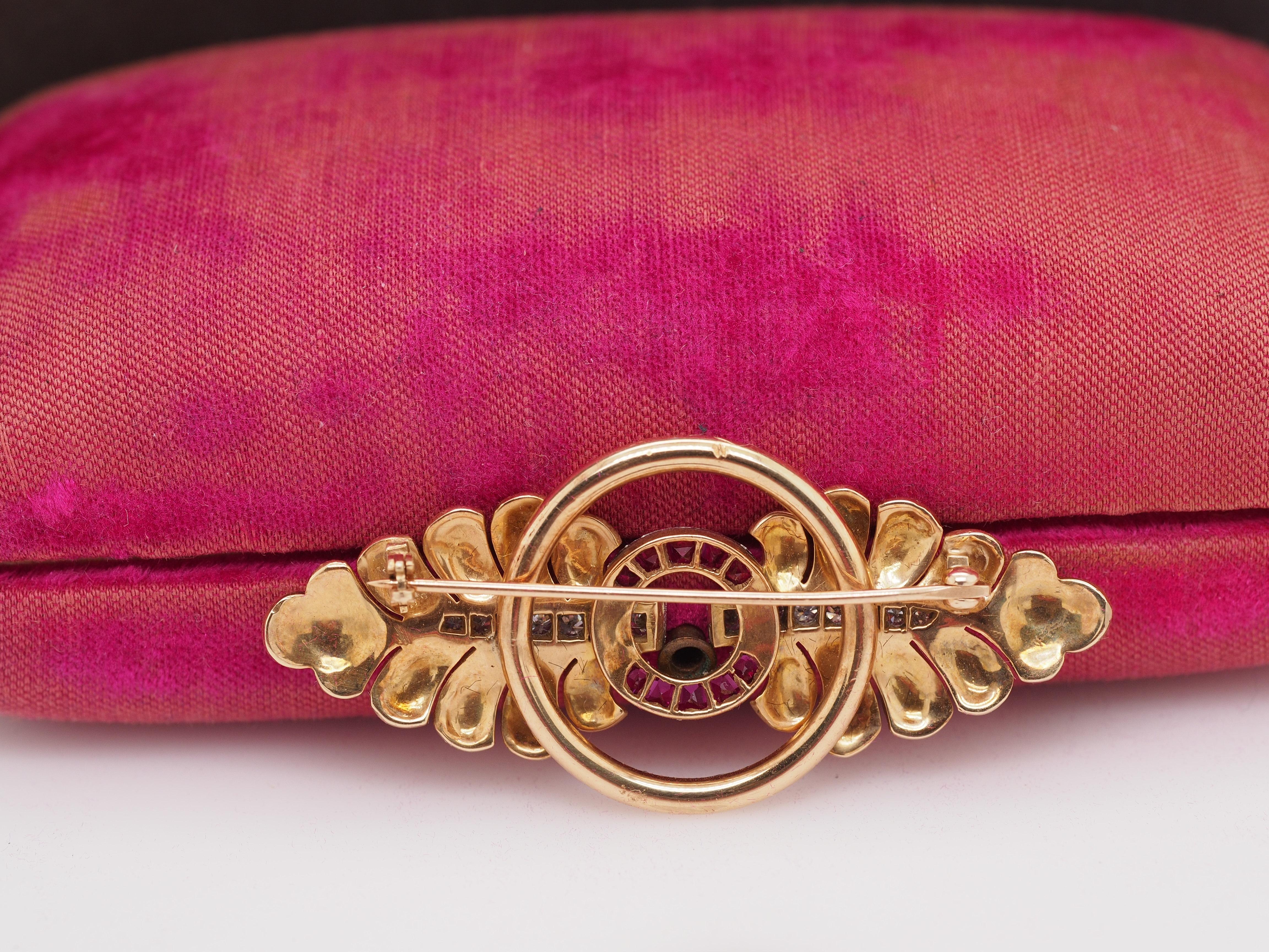 Women's 18Karat Yellow Gold Edwardian Ruby & Diamond Brooch For Sale