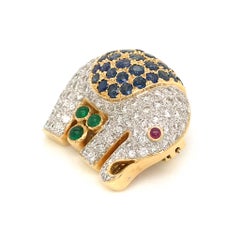 18 Karat Yellow Gold Elephant with Diamond and Sapphire Pin / Pendant