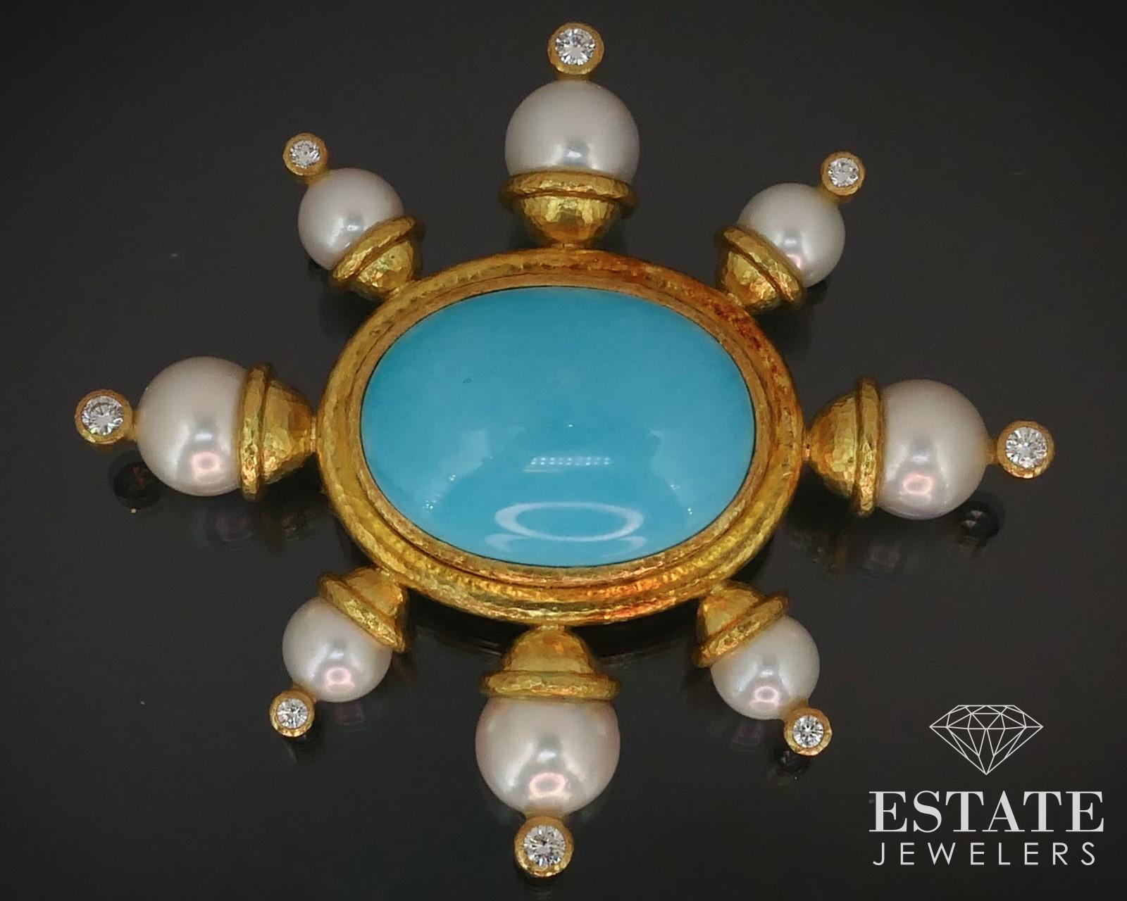 Stunning collectible fur clip and pin brooch combo from Elizabeth Locke. High end 25mm by 18mm natural turquoise bezel set in the middle. 7-9mm lustrous pearls around it with approximately .48ctw of sparkling diamonds. VS clarity with FG color to