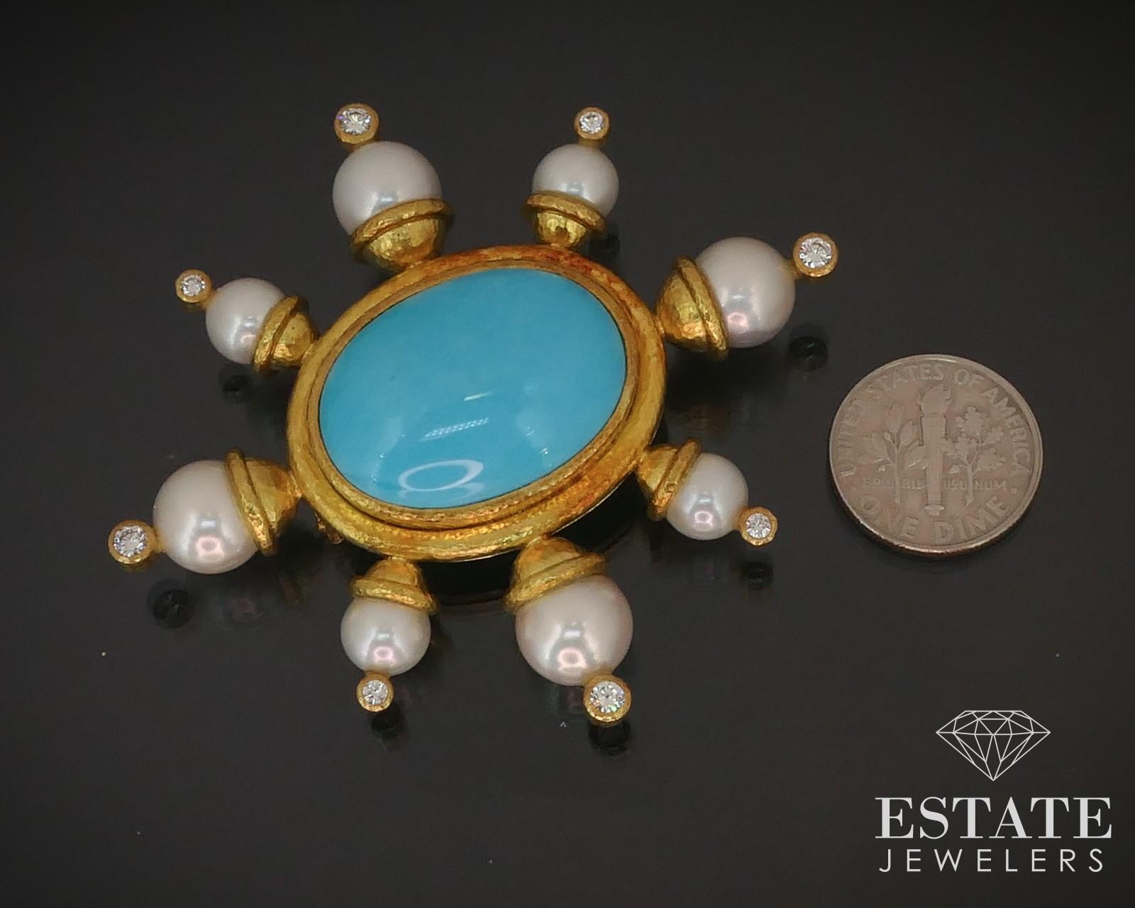 Contemporary 18k Yellow Gold Elizabeth Locke Turquoise Diamond Pearl Fur Brooch 33g i14888 For Sale