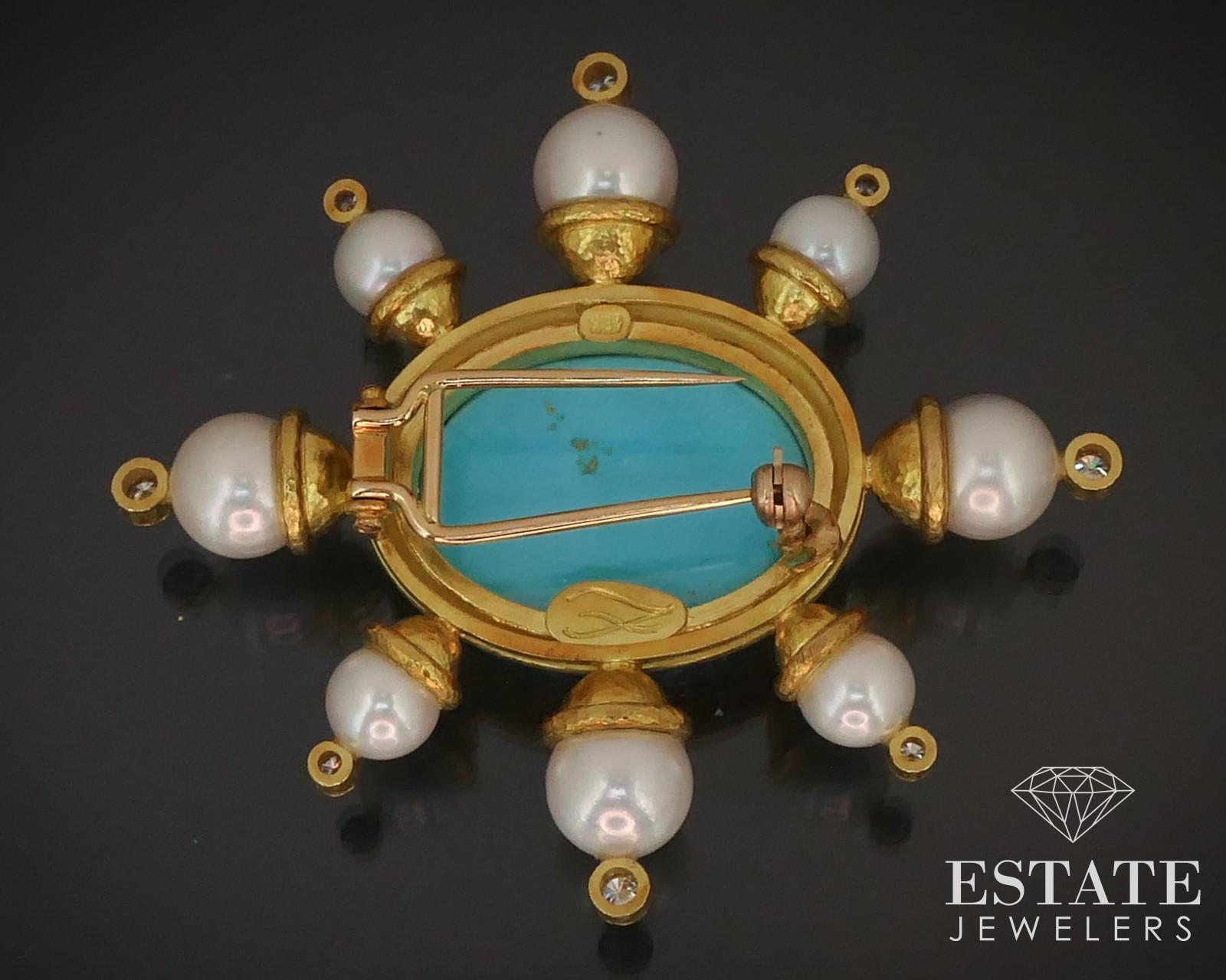 Taille cabochon Elizabeth Locke Broche fourrure en or jaune 18 carats, turquoise, diamant et perle 33 g i14888 en vente