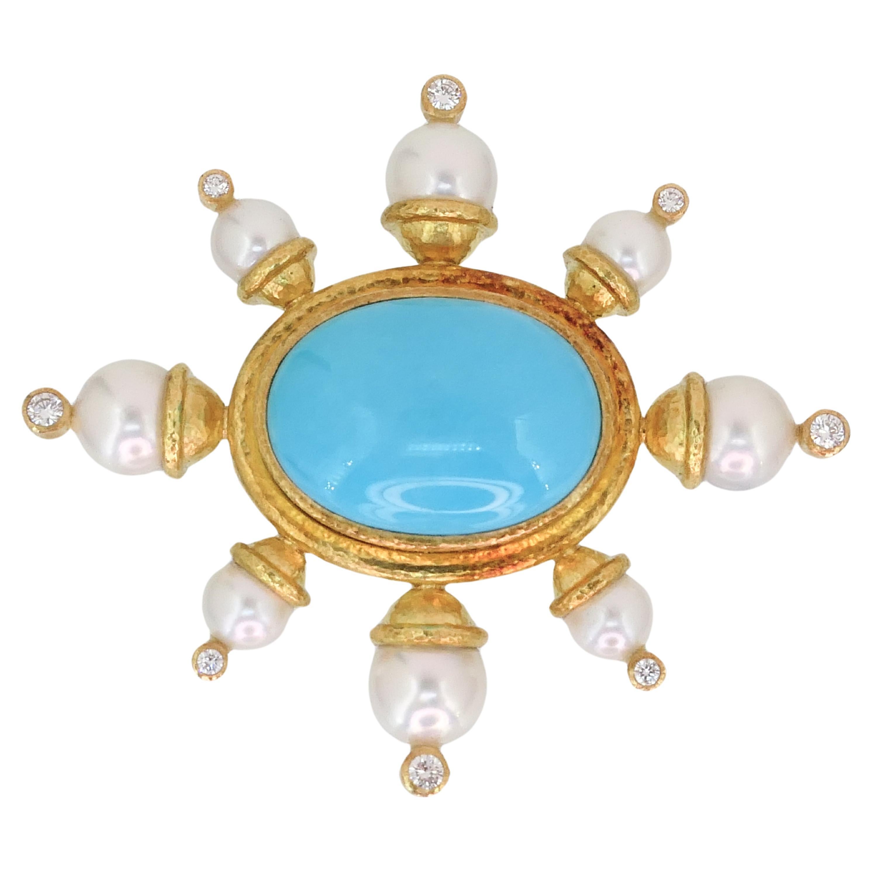 18k Yellow Gold Elizabeth Locke Turquoise Diamond Pearl Fur Brooch 33g i14888 For Sale