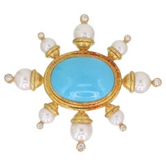 Used 18k Yellow Gold Elizabeth Locke Turquoise Diamond Pearl Fur Brooch 33g i14888