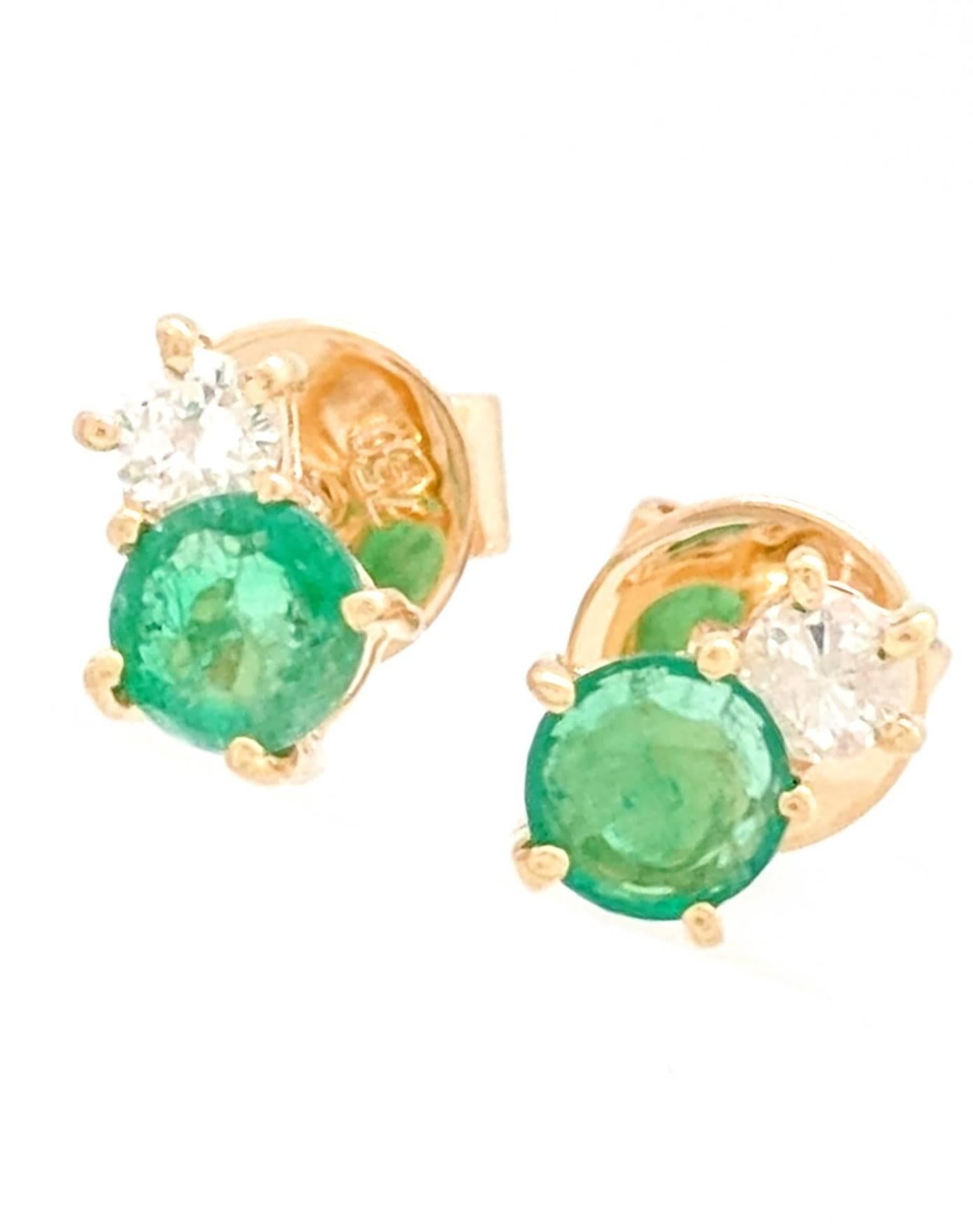 Contemporary 18 Karat Yellow Gold Emerald and Diamond Stud Earrings