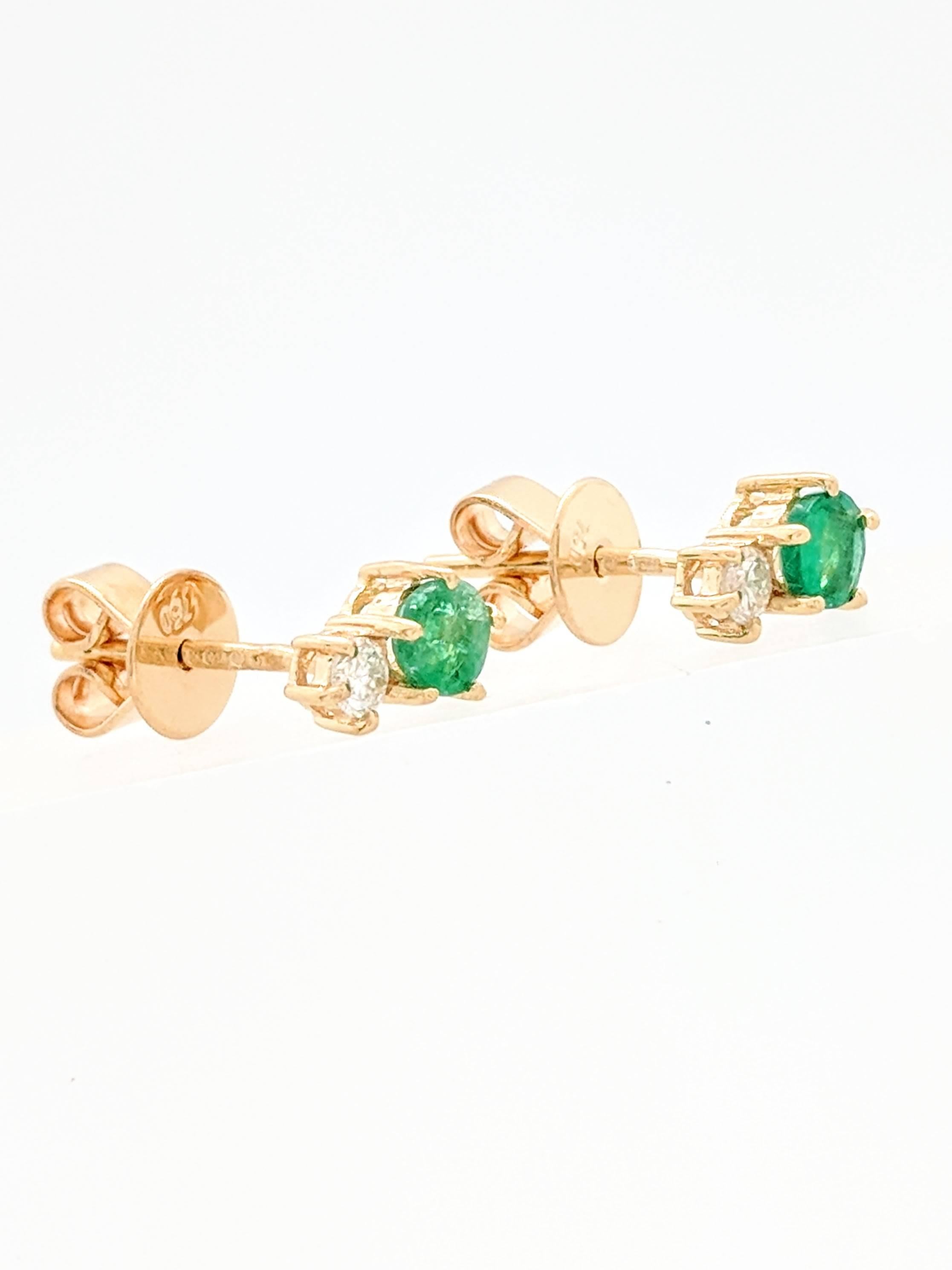 Round Cut 18 Karat Yellow Gold Emerald and Diamond Stud Earrings