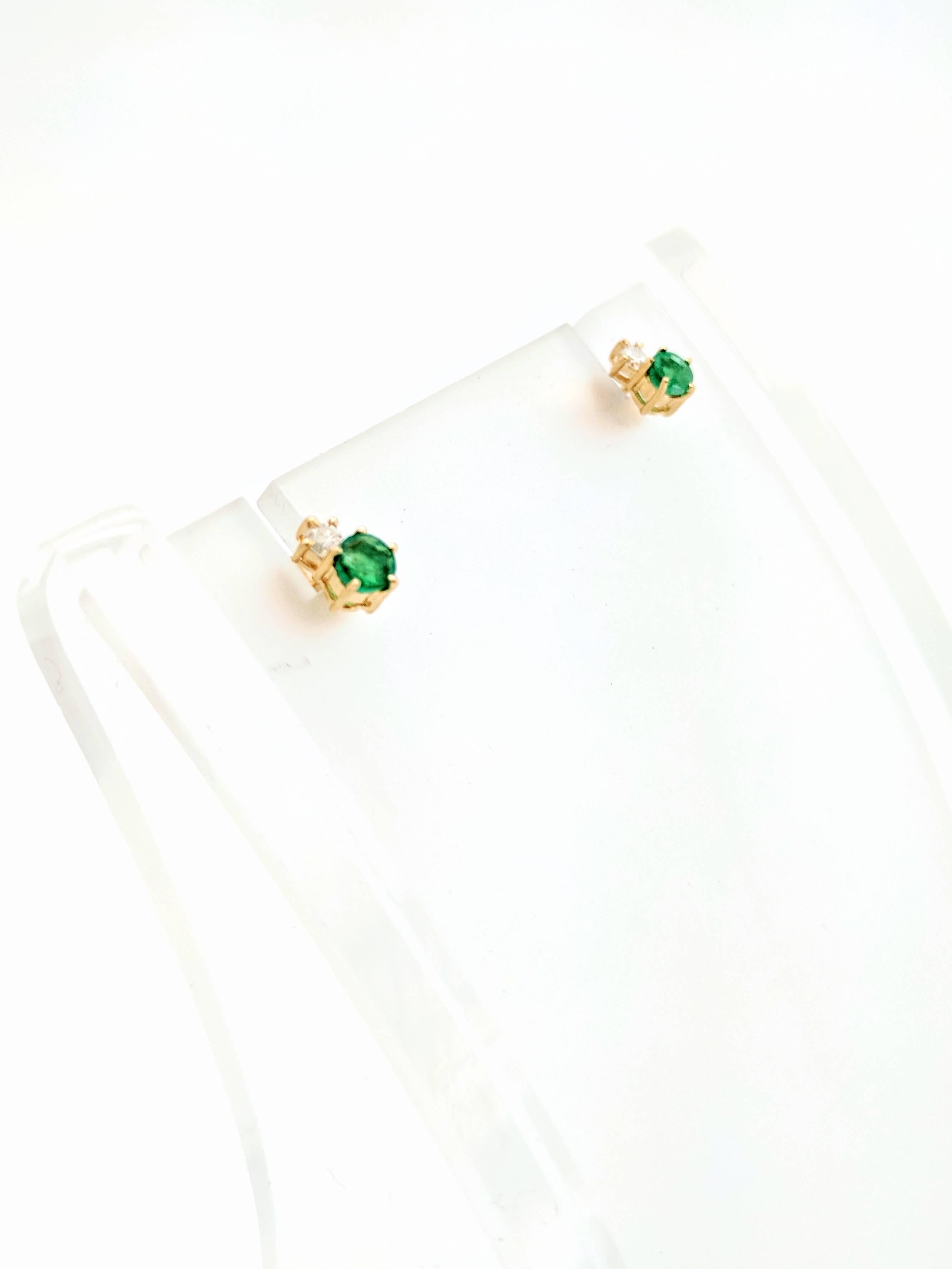 Women's 18 Karat Yellow Gold Emerald and Diamond Stud Earrings